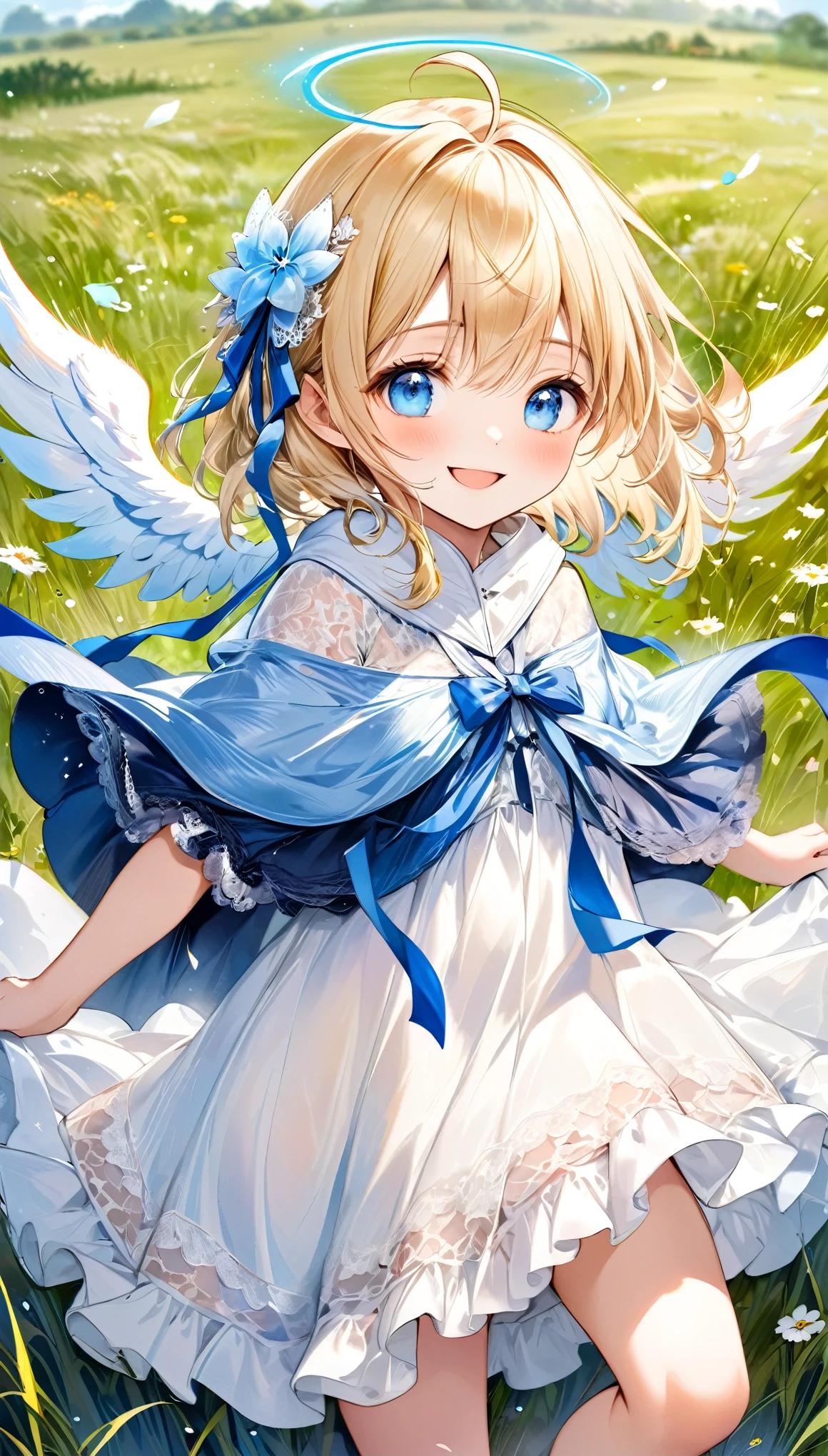 fusion of oil painting and watercolor painting, best quality, super fine, 16k, incredibly absurdres, extremely detailed, delicate and dynamic, cute woman, baby face, smile, happy, shy, blonde straight hair, ahoge, angel wings, poncho-like dress with frills and lace that goes from white to light blue, big blue ribbon on chest, blue eyes, full of energy, running around in the grassland, explosive image effects