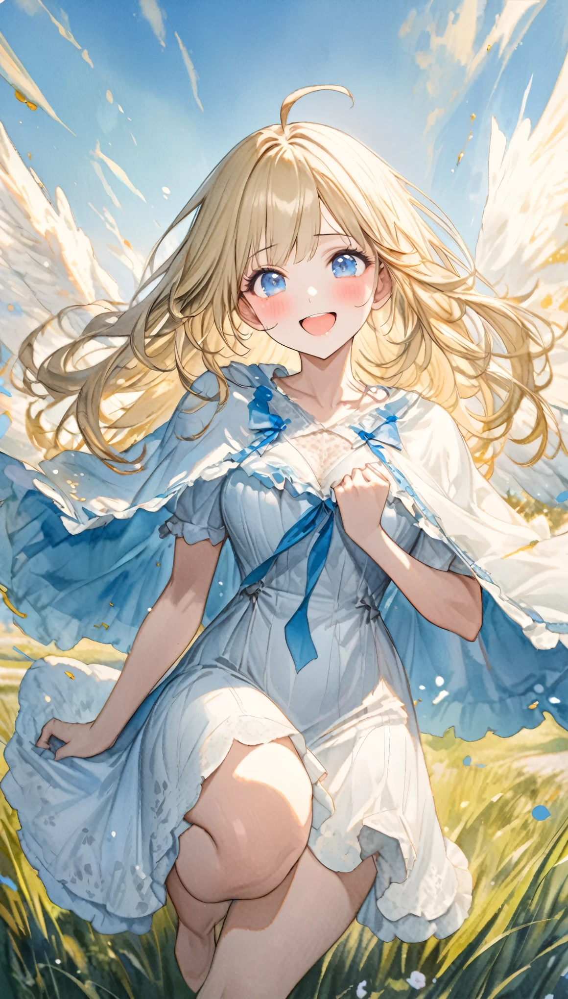 fusion of oil painting and watercolor painting, best quality, super fine, 16k, incredibly absurdres, extremely detailed, delicate and dynamic, cute woman, baby face, smile, happy, shy, blonde straight hair, ahoge, angel wings, poncho-like dress with frills and lace that goes from white to light blue, big blue ribbon on chest, blue eyes, full of energy, running around in the grassland, explosive image effects