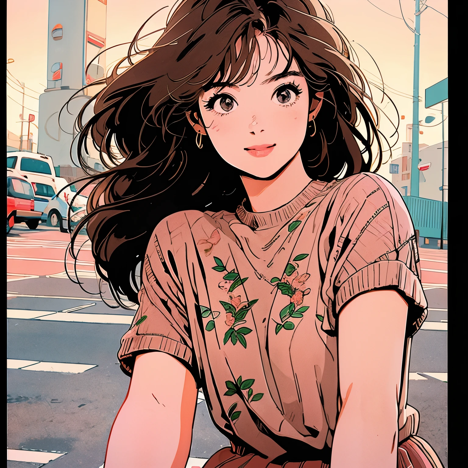 whole body、Upper Body、1 pretty woman、4k、Short sleeve sweater、pedestrian crossing、Signal 、intersection、Complex background、Light brown hair、Detailed Hair、smile、Floral、Reaching out
