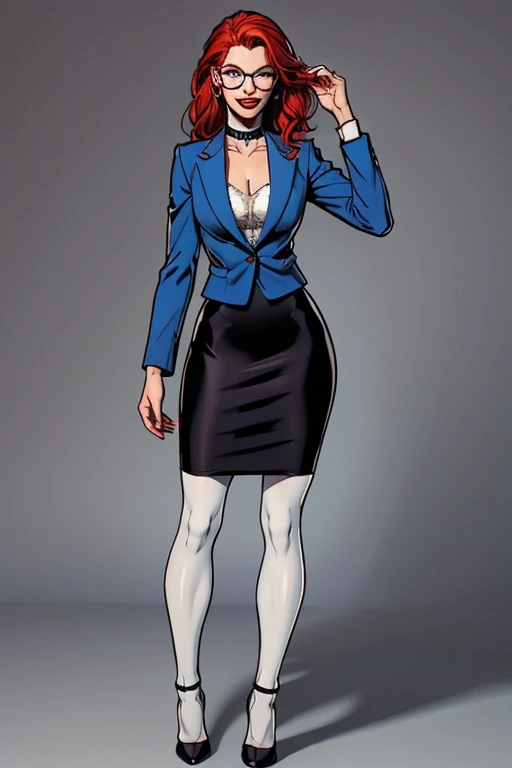 (full body:1.4), Tall, slender redhead woman of Irish descent. (pale:1.3)complexion. blue eyes, cute butt, nice legs. Kind eyes, cute smile. Eyeglasses, red lipstick, choker, blazer, lace top, pencil skirt, (suntan pantyhose), stiletto heels.