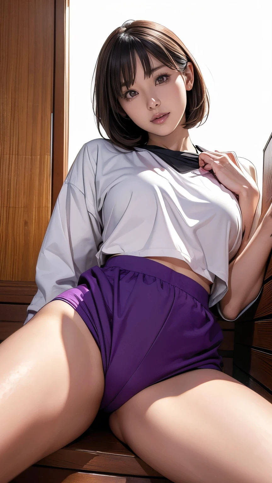 8k, RAW photos, best quality, masterpiece, Practical, Reality, (1 extreme beauty), 36 years old, The face is rich in detail, (Perfect Teeth), Delicate eyes, double eyelids, eyelash, Grin, Lip detail, Brown Hair Bob, Natural breasts, ((Sexy Japanese volleyball)), ((Purple Sexy Sports Shorts))Soft Light, ((Written border depth)) 、Shot in the back、all、Stick out your ass、legs spread、slim body、Inverted Nipple, High Jump Jacket,