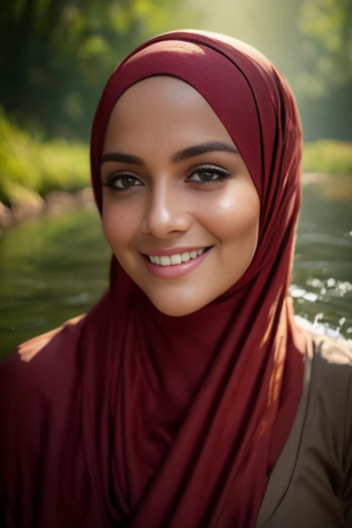 imantroye, close-up portrait of a beautiful woman hijab, smile, bathing in a river, wearing suit lingerie, (backlight), realistic, masterpiece, high quality, lens reflection, shadow, flower, [[chromatic aberration]], by Jeremy Lipking, by Antonio J. Manzanedo, digital painting,