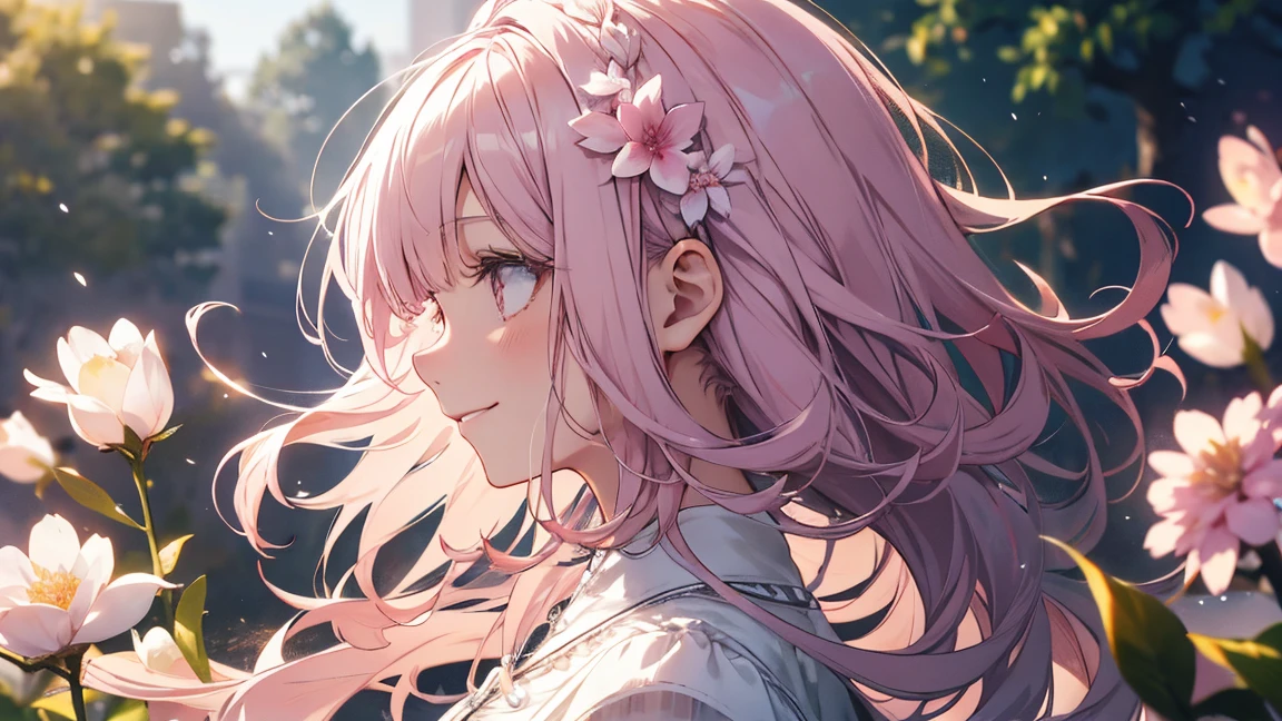 Natural light, Floating Hair, A kind smile, profile, Pale pink hair, Spring flower,