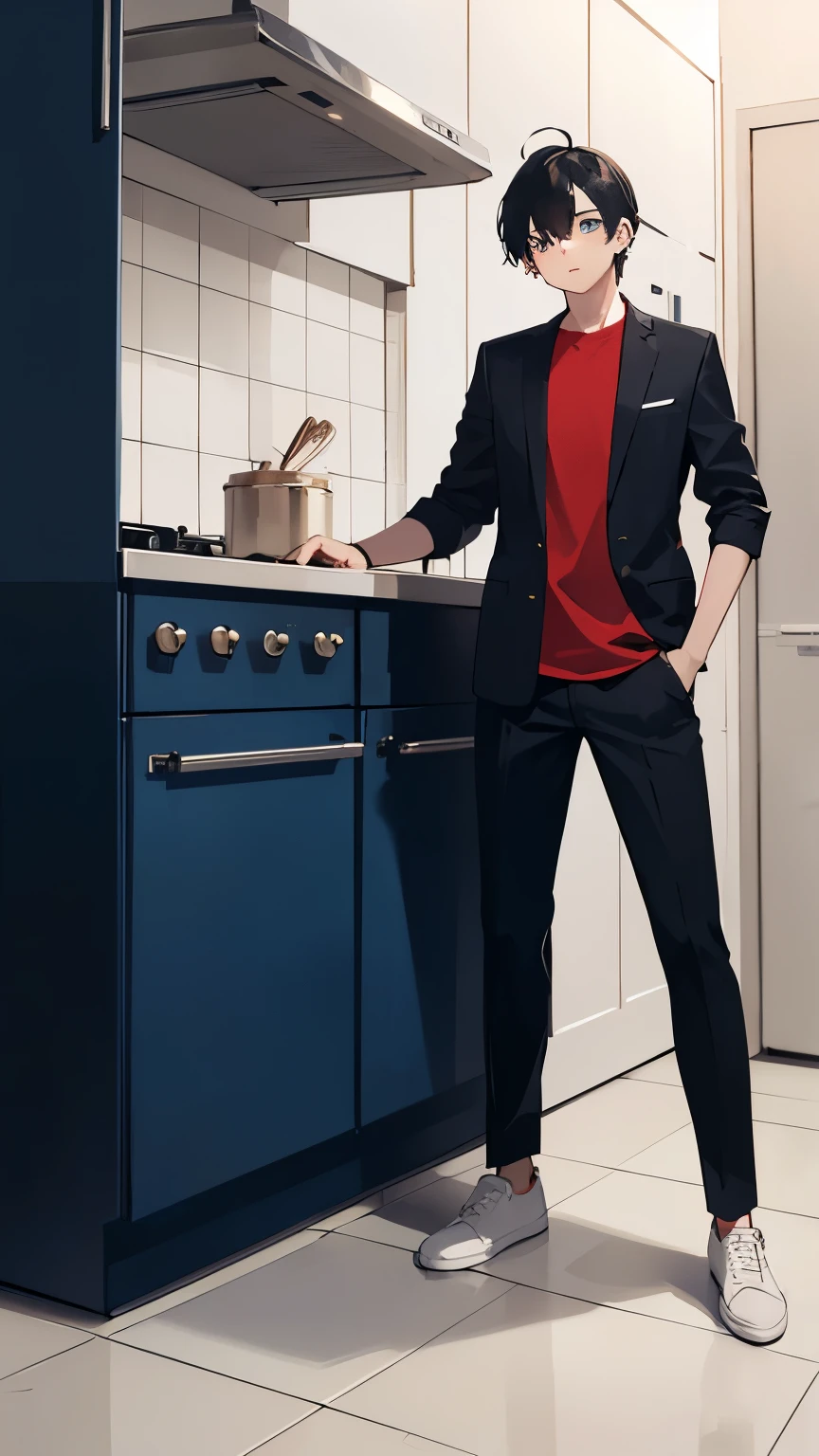 1boy, Black hair,  Ekkarit Masiha, black jacket, Red T-shirt, Black trousers, trous, background, white, full body, focus man, shoe, trousers, range hood, 1 boy, white shoe, black hair, blue eyes, shirt, full body