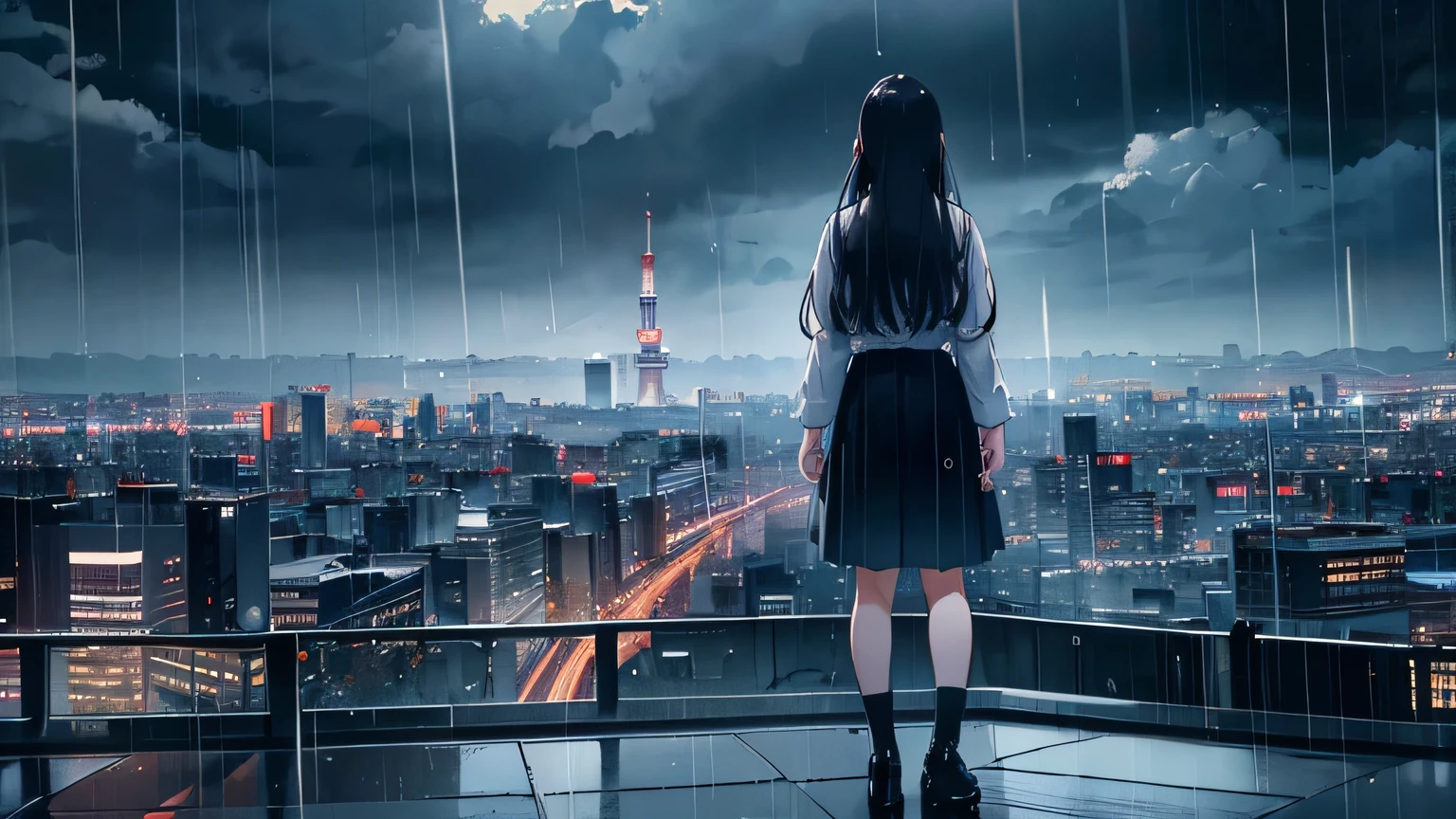 night view,rain,panorama,tokyo tower,Tokyo、Shibuya、building、rooftop、rain、、rain、cloud、uniform、youth、Back view、、Panorama、long hair,full body,