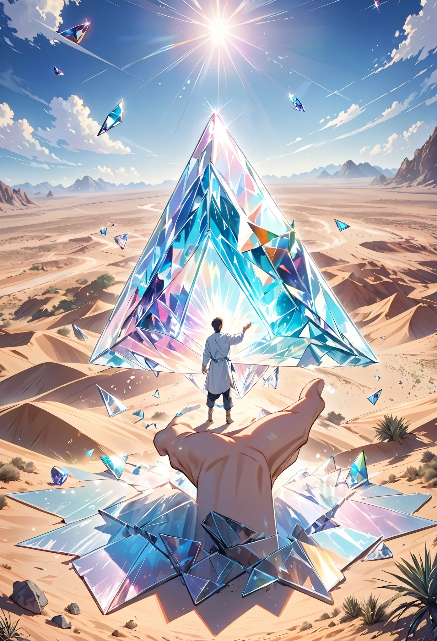 A man standing in the desert，Holding a large object in his hand, Full of glass. CG Society, Magic Crystal, Still frame in, Inspired by Louis Mathieu Verdilhan, trance dj album cover, crack, triangle Fragments, lens flare, Connectivity, [ Fragments, 4 dimensions