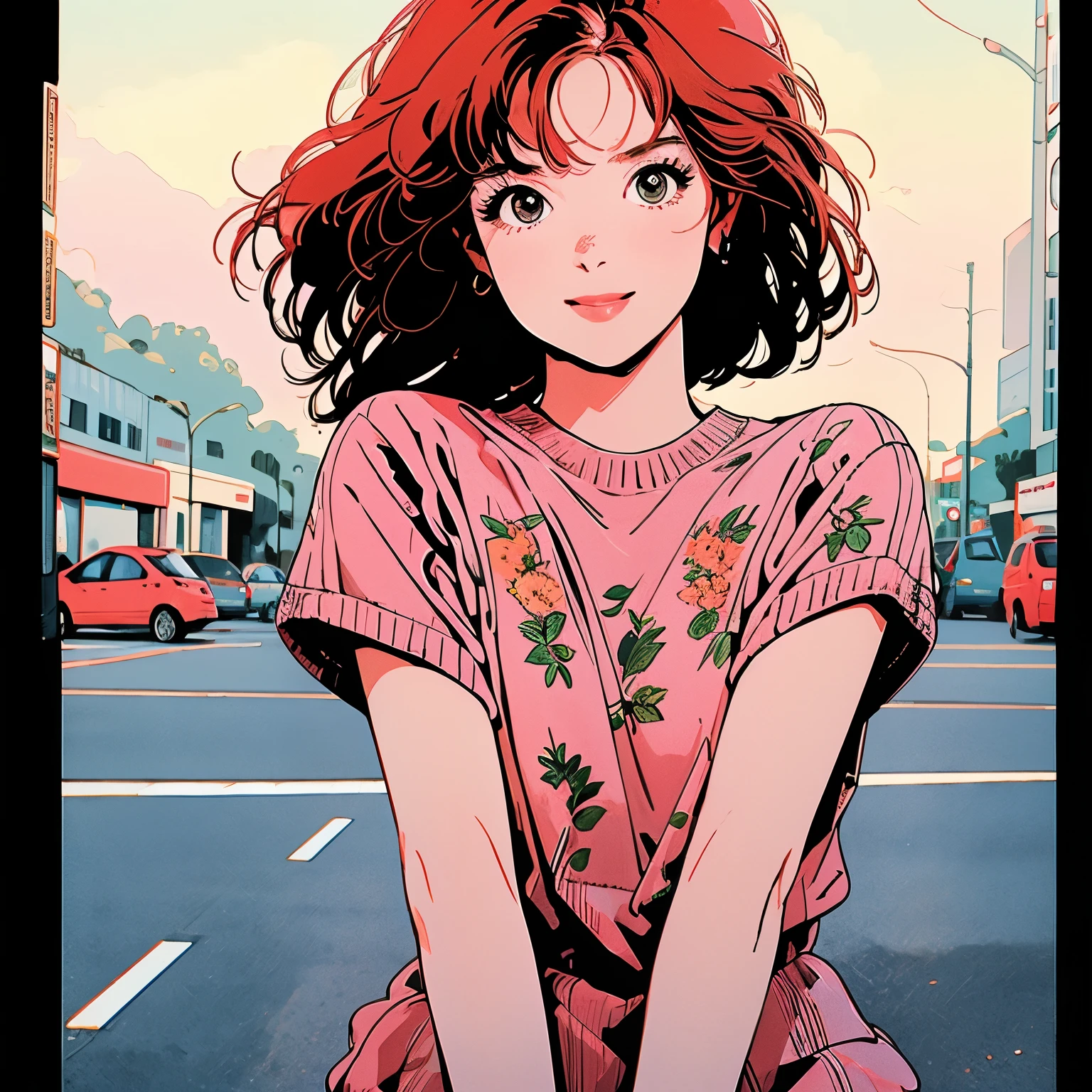 whole body、Upper Body、1 pretty woman、4k、Short sleeve sweater、pedestrian crossing、Signal 、intersection、Complex background、Red Hair、Detailed Hair、smile、Floral、Reaching out