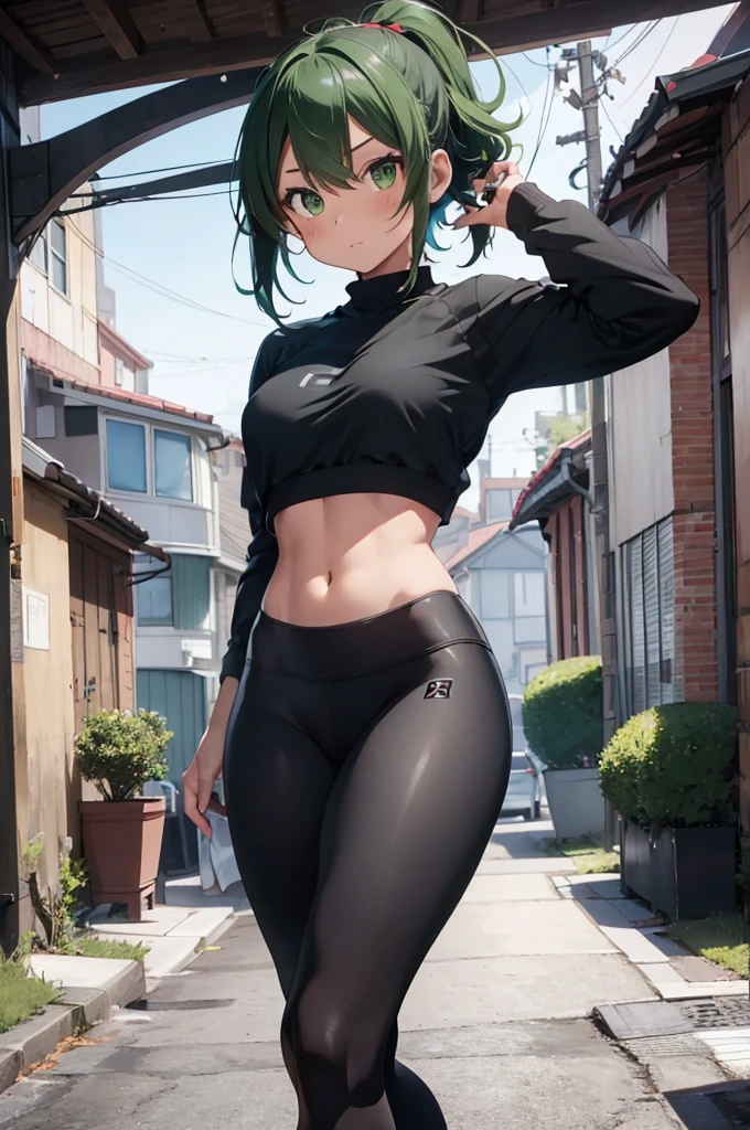 1 girl, izuku midorya as a girl, deku genderswap, female izuku midoria, genderswap, female/girl/woman, feminine features, feminine body, great curves, great ass, good butt, nice butt figure, cute, hot, short green hair, green hair, short hair, green eyes, wearing(black flex leggings and cropped shirt), gym black flex leggings woman, matt black flex leggings, matt-black leggings, flex leggings, cropped shirt, ultrasharp, 4k picture, highly detailed, beautiful