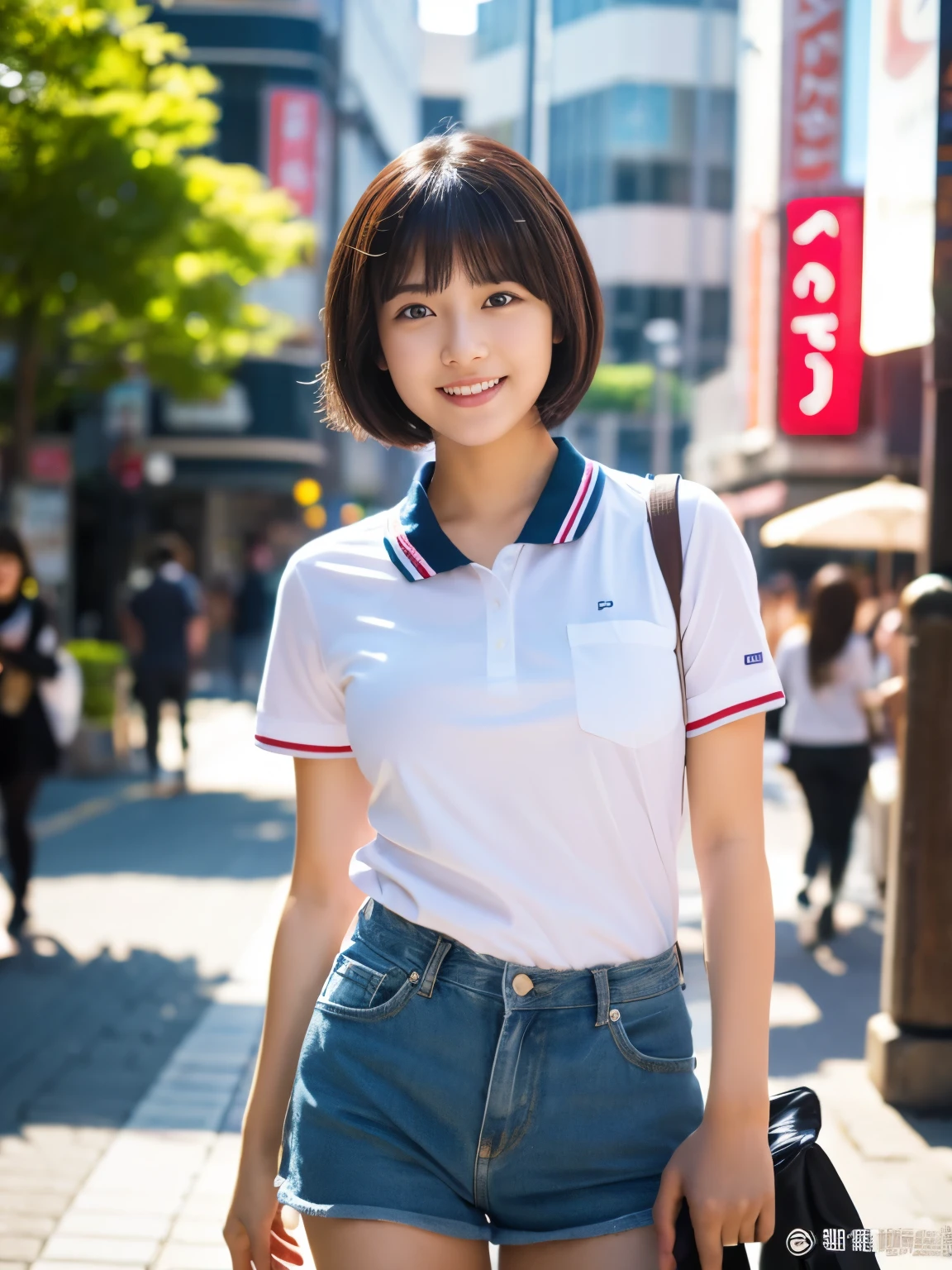 ultra best quality、masterpiece、超hight resolution、depth of fields、(Photorealsitic:1.4)、(awardwinning photo、incredible masterpiece:1.3) 、Raw photography、the golden ratio、the Extremely Detailed CG Unity 8K Wallpapers、Detailed and complex、Original、hight resolution、Raw foto、(perfect body type)、Detailed and complex、Digital SLR、softlighting、(background person blur:1.1)、SIGMA 85 mm F/1.4、50mm Lenac lighting、nffsw、hyper realstic、Color Grade、dynamicposes、Portrait Break、 solo、short-hair:1.4、girl with、Super beauty、(Full body like:1.2)、japanese bodybian、solo)、thighs gap、A smile:1.4、University、cute little high school girl、short-cut、Detailed Realistic、Skin Texture、(realistic human skin texture)、Front view View viewer、natural soft light、Daytime、in a street、deep-shadows、cute little、21 years old BREAK、 a street、The state of the store、akihabara、Shinjuku、with no people、(akihabara:1.2)