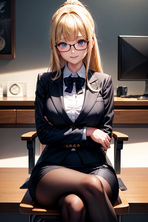 Eliris Penser, eriri sawamura spencer, Blonde Hair, blue eyes, Blunt bangs, hair band, Princess Cut, ponytail long hair, happy smile, smile, Open your mouth,OL, Akagi glasses, Black suit jacket, Collared jacket, White dress shirt, Collared shirt, Neckline, button, Black pencil skirt, Black Pantyhose,Stiletto heels,Arms crossed,sit cross-legged on a chair,There is a computer on the table,touch typing,whole bodyがイラストに入るように,sunny,Daytime,
break indoors, Office break looking at viewer, whole body,
break (masterpiece:1.2), highest quality, High resolution, unity 8k wallpaper, (shape:0.8), (Beautiful details:1.6), Highly detailed face, Perfect lighting, Extremely detailed CG, (Perfect hands, Perfect Anatomy),