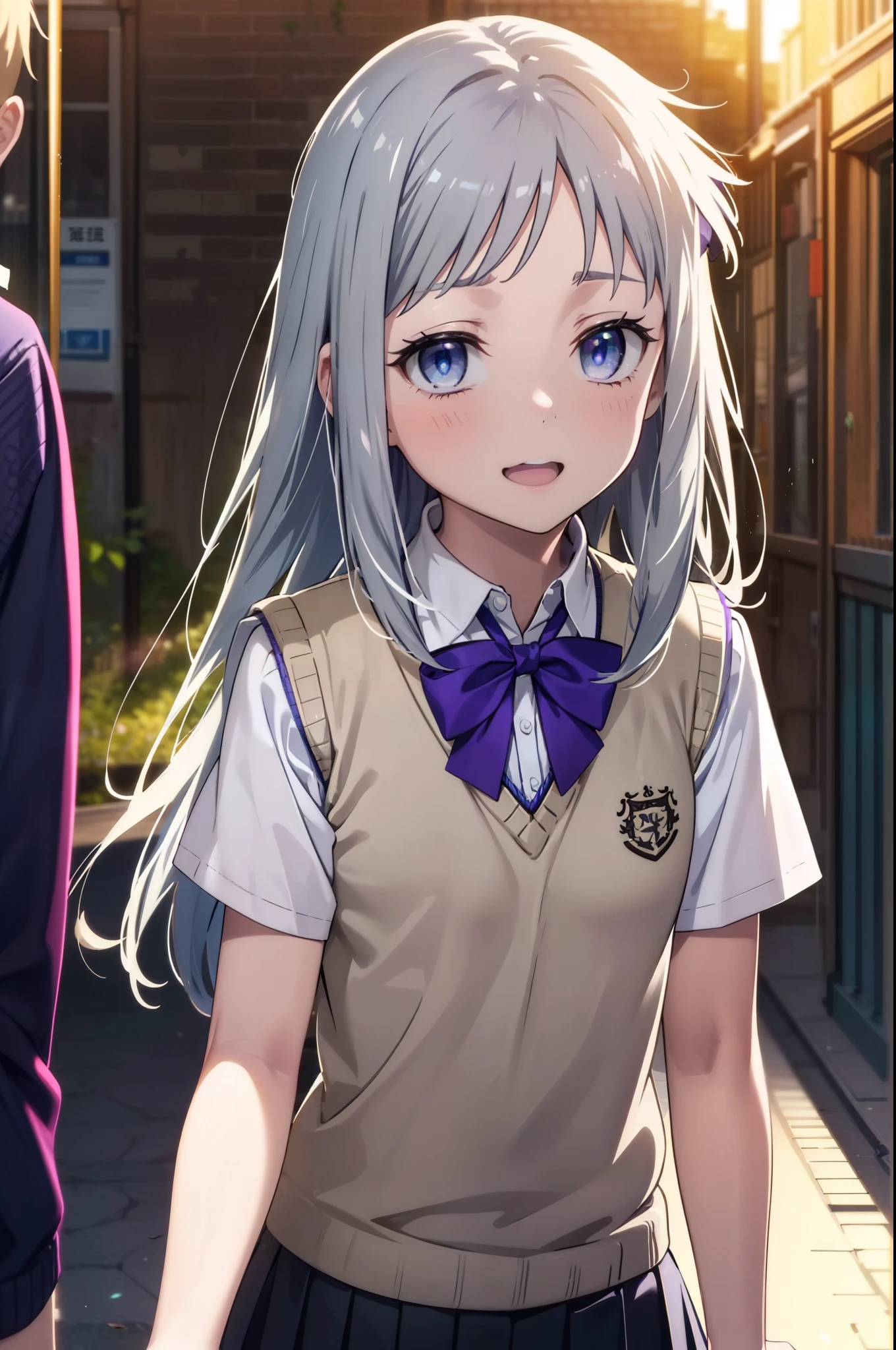 meikohonma, meiko honma, Long Hair, blue eyes, Grey Hair, smile,happy smile, smile, Open your mouth, 　　　　　　
break skirt, shirt, bow, ribbon, , white shirt, Short sleeve, Pleated skirt, collared shirt, mini skirt, bowtie, Black Loafers , Black Skirt, Black pantyhose, Brown loafers, green bow, Sweater vest, ( purple Sweater vest:1.5),sunset,evening,The sun is setting,whole bodyがイラストに入るように,Looking down from above,
break looking at viewer, whole body,
break outdoors ,In town,Building district,
break (masterpiece:1.2), highest quality, High resolution, unity 8k wallpaper, (shape:0.8), (Beautiful details:1.6), Highly detailed face, Perfect lighting, Extremely detailed CG, (Perfect hands, Perfect Anatomy),