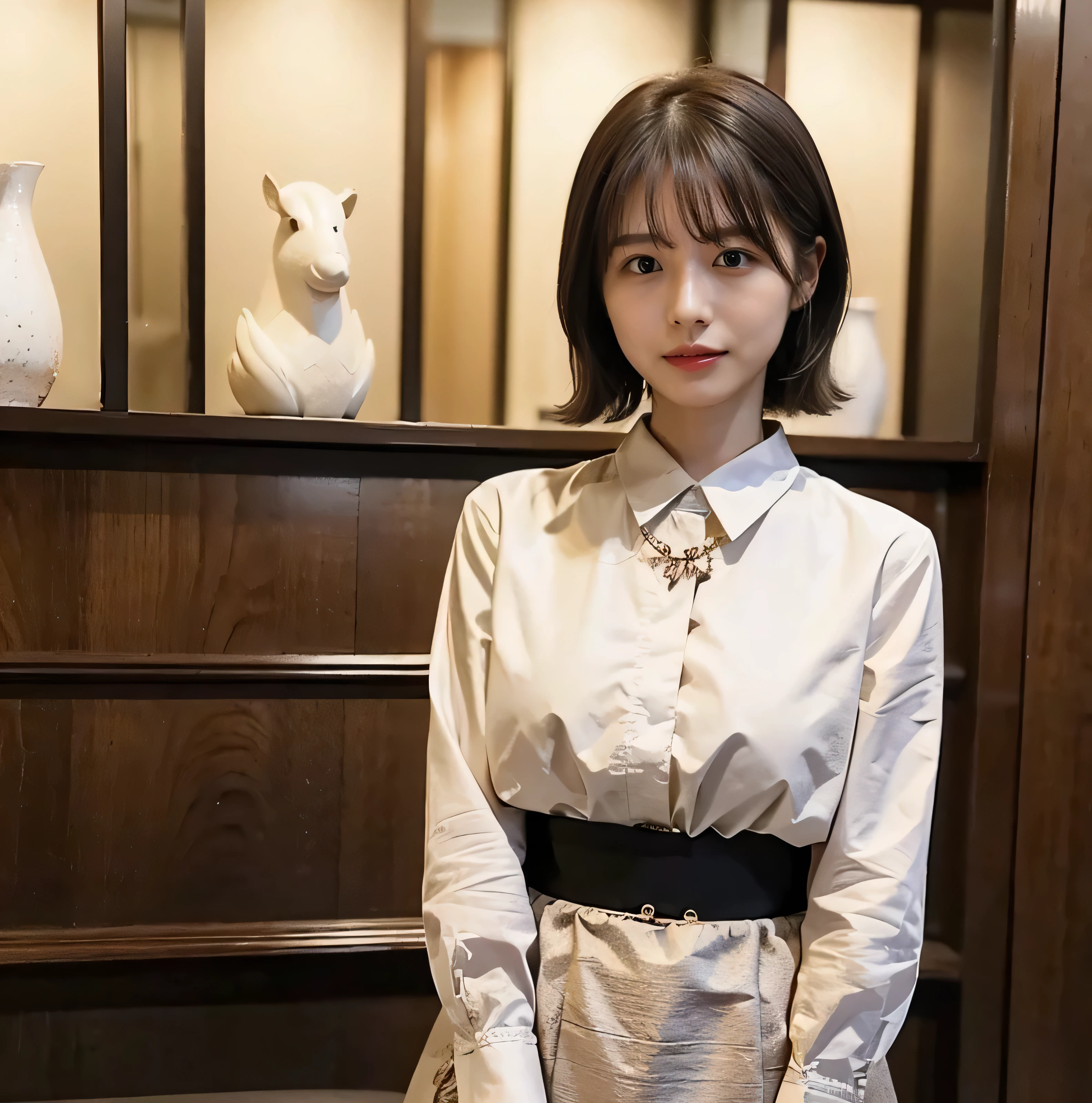 Fluffy perm hair、with rufflessleeveless、Braided hair only for the bangs、Light brown hair、teeth grinding、{{Cowgirl Shot}}、((Close-up shot from the waist up、Big Breasts:1.4))、Swollen breasts、Big Breasts、Smile、Silk clothing、Big Breasts that can be seen even through clothes、Braided hair only for the bangs、Cowboy Shot、A luxurious white collared silk shirt and brown skirt、Elegant attire、A luxurious bag、In front of a stylish cafe with illuminations、A lovely smile、((Nagoya street corner))、Full body photo、ring、Luxurious clothing、Short skirt、Tuck your hair behind one ear、Silver Necklace、smile、 elegant ponytail、Caustics、Highly detailed photos、Very beautiful eyeedium Short Hair、Large Breasts、Super no makeup、(8k、RAW Photos、highest quality、masterpiece:1.2)、(Realistic、Realistic)、1 girl、((Medium Short Hair、Looking into the camera:1.4))、Hair blowing in the wind