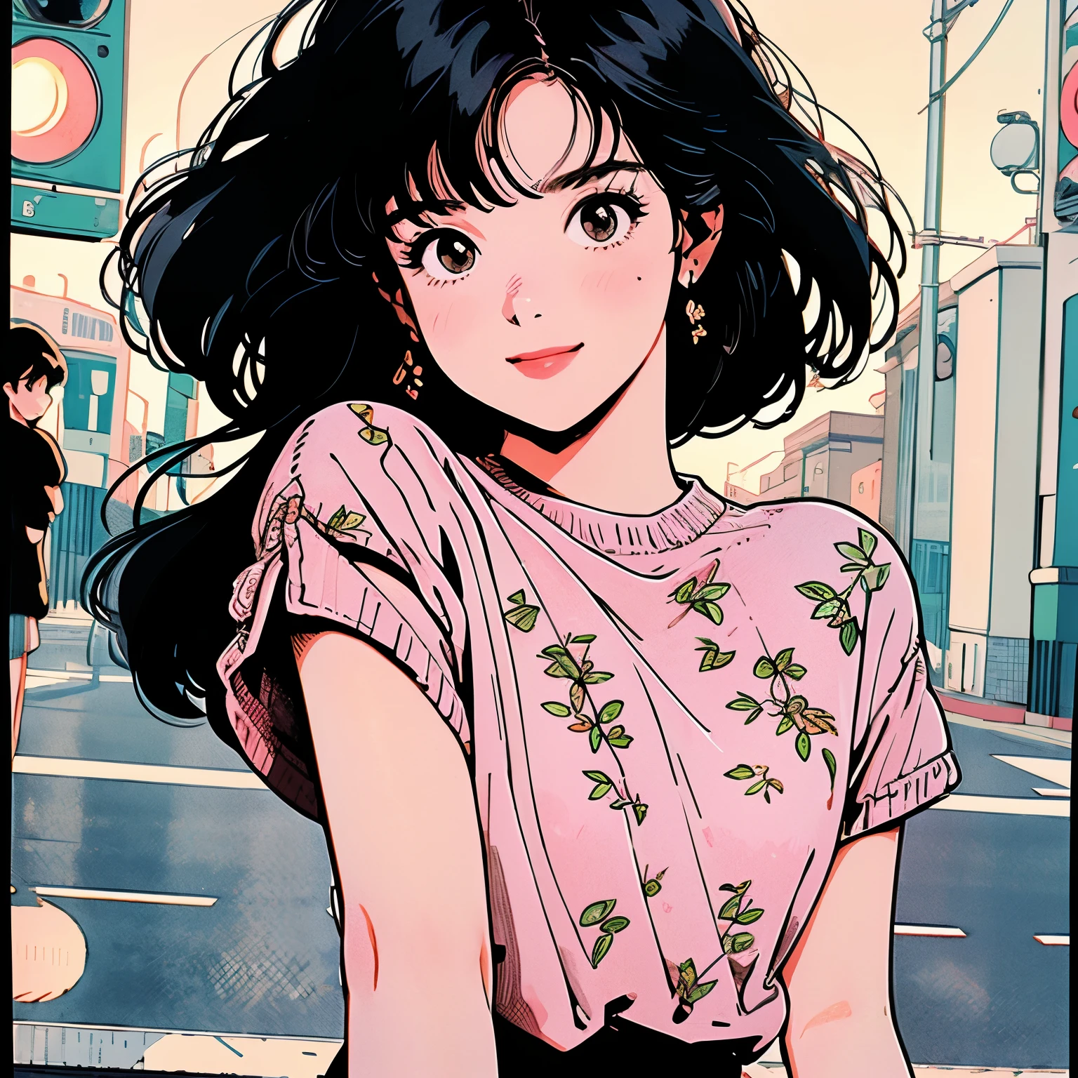 whole body、Upper Body、1 pretty woman、4k、White short-sleeved sweater、pedestrian crossing、Signal 、intersection、Complex background、Black Hair、Detailed Hair、smile、Floral、Reaching out