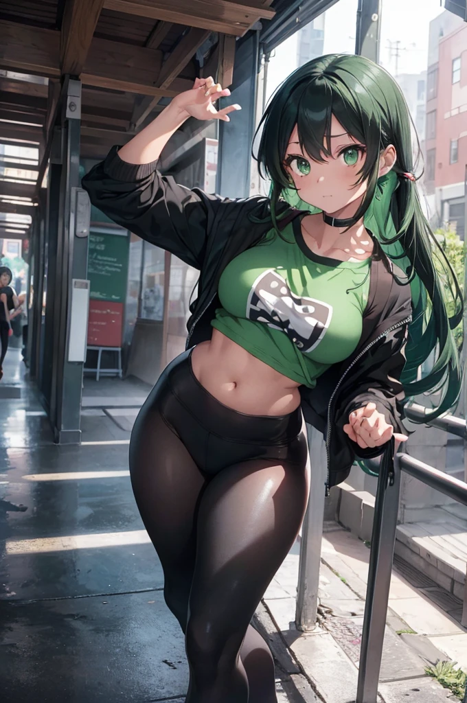 1 girl, izuku midorya as a girl, deku genderswap, female izuku midoria, genderswap, female/girl/woman, feminine features, feminine body, great curves, great ass, good butt, nice butt figure, cute, hot, short green hair, beautiful green hair, green hair, short green hair, green eyes, beautiful eyes, detailed eyes, wearing(black flex leggings and cropped shirt), gym black flex leggings woman, matt black flex leggings, matt-black leggings, flex leggings, cropped shirt, ultrasharp, 4k picture, highly detailed, beautiful
