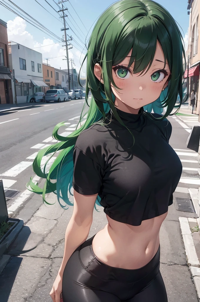 1 girl, izuku midorya as a girl, deku genderswap, female izuku midoria, genderswap, female/girl/woman, feminine features, feminine body, great curves, great ass, good butt, nice butt figure, cute, hot, short green hair, beautiful green hair, green hair, short green hair, green eyes, beautiful eyes, detailed eyes, wearing(black flex leggings and cropped shirt), gym black flex leggings woman, matt black flex leggings, matt-black leggings, flex leggings, cropped shirt, ultrasharp, 4k picture, highly detailed, beautiful
