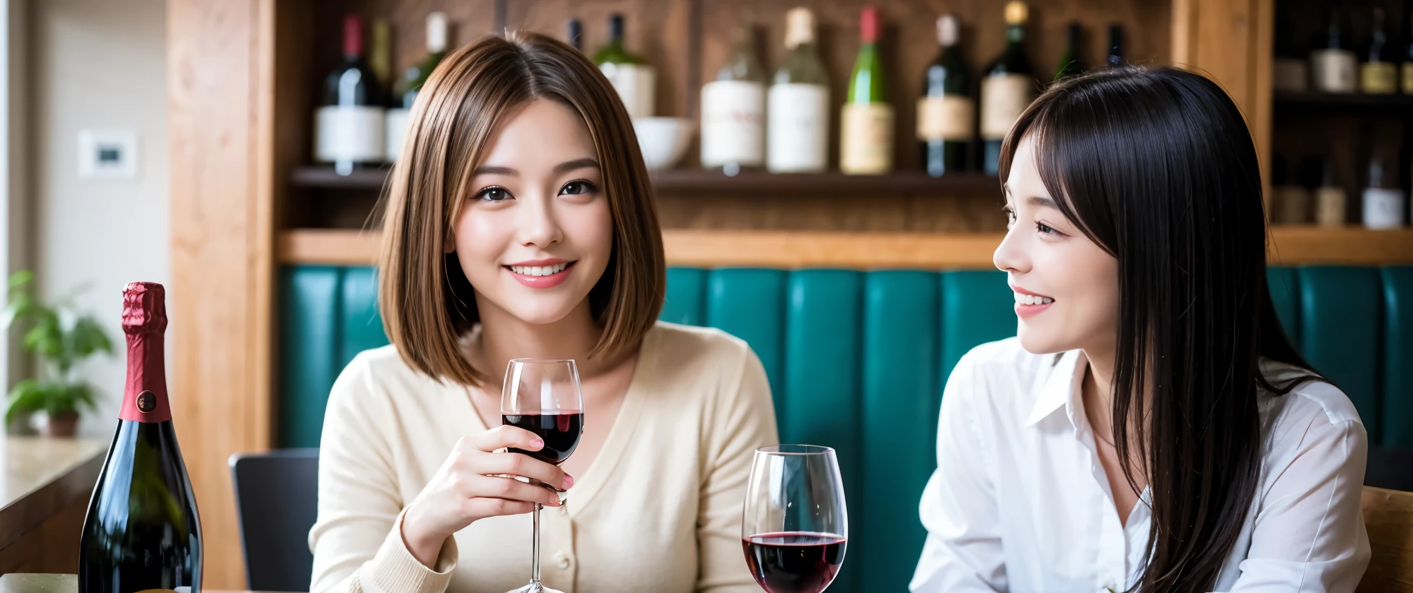 ((highest quality、8k、masterpiece:1.3))、Wine Party、1 male 1 female、Couple、恋人たちCouple、slimなボディ、((Bob Hale、Straight hair:1.2)), (Realistic, Intricate details:1.2), テーブルにwine glass、Put the light on your face、 Amazing view of the sunset sky and clouds、Amazing mountain views、ニコニコ明るいsmile、smileの素敵、Bright image、The beauty of wine, Beautiful Face, blue eyes, The light shines on your face, Blushing, short hair,Bright Face、 (Age 42), 39 years old, red wine 、Appetizers、Italian food、Wine bottle、Champagne、sparkling wine、Two beauties、Brown Hair、Shortcuts、Long sleeve shirt、dress、Pretty Woman 1, (slimな顔), (The body is slim), (Brown Hair), (Shortcuts), cheeks turn a little red,Attractive beauty、restaurant, In a prominent place (From the waist up) Nova Frog Style, actress, model, Upper Body, White wine, slim, wine glass, 真ん中に置かれたwine glass, smile, (smile: 1.15), Beautiful fine grain, Depth f/2,saturation, High Contrast, Strong light and shadow,Moist Body:1.5、3D texture、Delicate eyes、Brown Hair、The hair is very shiny、