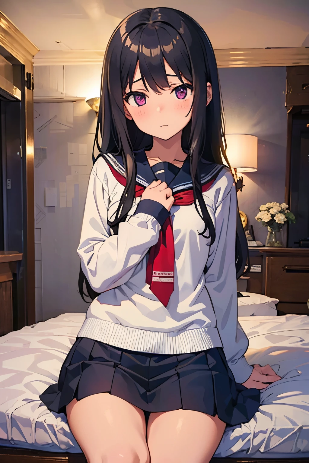 , 8 years old Flat chest, r, long hair, purple eyes Embarrassed look (one person) White sailor suit Lower body dark blue mini skirt White panties((I can see her panties)) White socks Love hotel room Sitting on the bed Dynamic angle Low angle