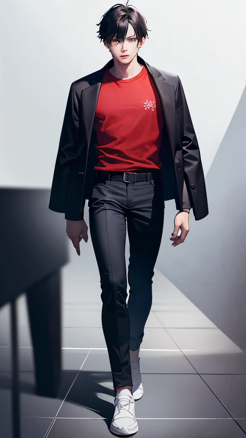 1 boy, black hair, ekkarit masiha, black jacket, red t-shirt, black trousers, white background, full body, focused, white shoes, blue eyes, detailed face, intricate clothing folds, cinematic lighting, dramatic shadows, photorealistic, hyper detailed, 8k, high quality, masterpiece
