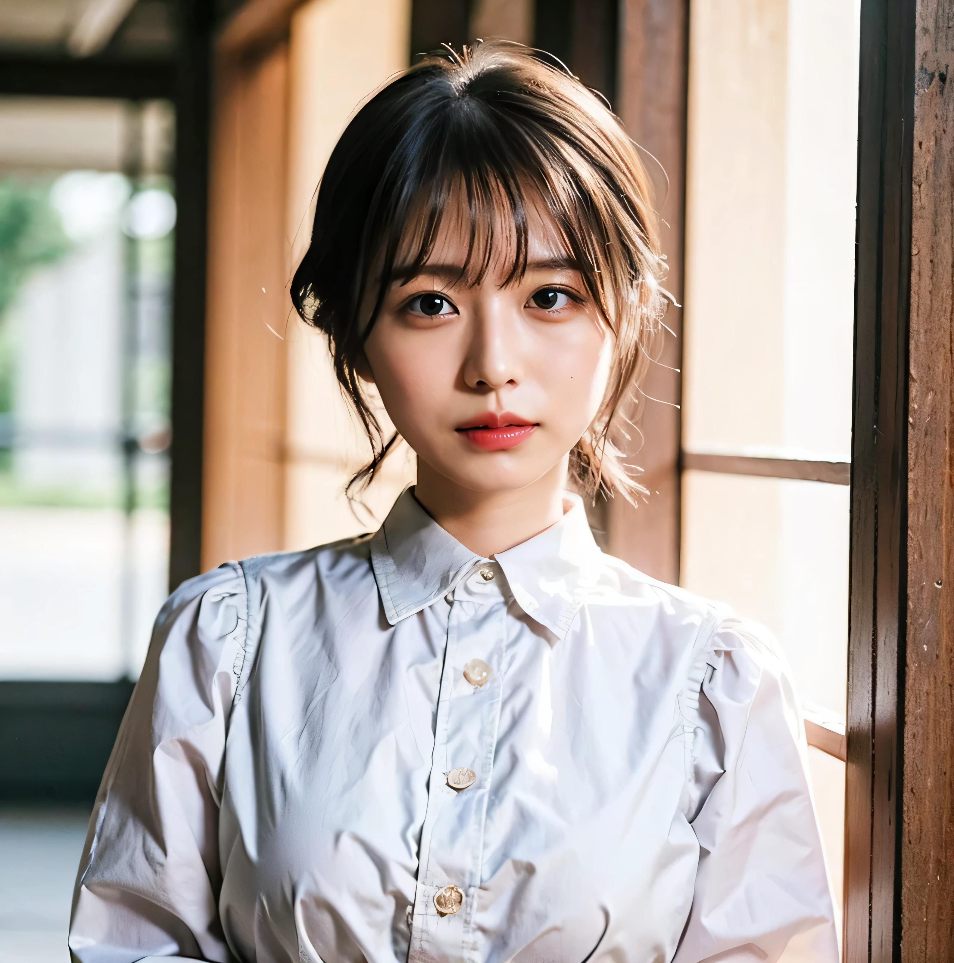 Fluffy perm hair、with rufflessleeveless、Braided hair only for the bangs、Light brown hair、teeth grinding、{{Cowgirl Shot}}、((Close-up shot from the waist up、Big Breasts:1.4))、Swollen breasts、Big Breasts、Smile、Silk clothing、Big Breasts that can be seen even through clothes、Braided hair only for the bangs、Cowboy Shot、A luxurious white collared silk shirt and brown skirt、Elegant attire、A luxurious bag、In front of a stylish cafe with illuminations、A lovely smile、((Nagoya street corner))、Full body photo、ring、Luxurious clothing、Short skirt、Tuck your hair behind one ear、Silver Necklace、smile、 elegant ponytail、Caustics、Highly detailed photos、Very beautiful eyeedium Short Hair、Large Breasts、Super no makeup、(8k、RAW Photos、highest quality、masterpiece:1.2)、(Realistic、Realistic)、1 girl、((Medium Short Hair、Looking into the camera:1.4))、Hair blowing in the wind