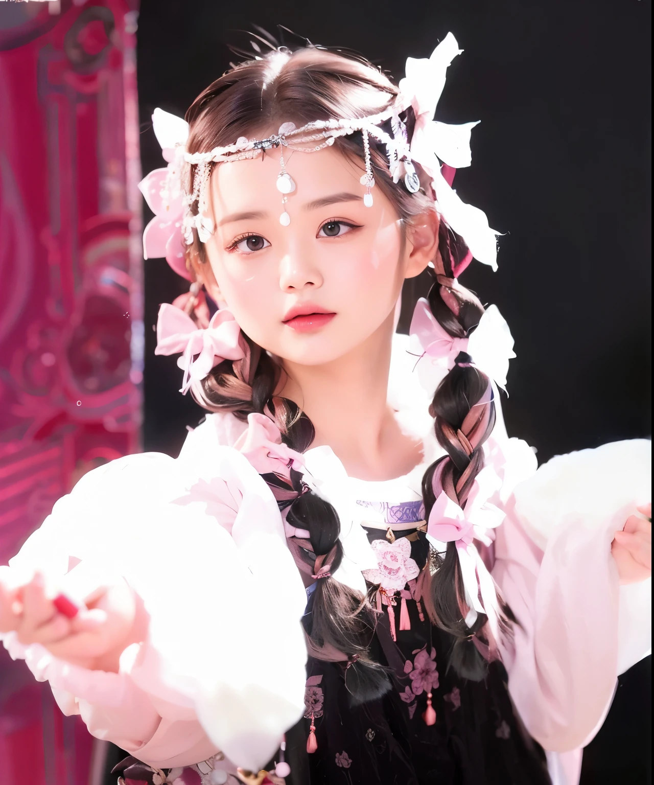 masterpiece, best quality, girl,穿着白色泡泡袖衣服的girl,Black picks dye pink hair,Bubble braids and twisted braids for long hair,漂亮的girl, a girl ,wearing chinese clothes, Wearing Chinese clothing, Traditional Chinese folk costumes, Traditional Beauty, Hani clothing style,小girl,,中国girl,The hair is well-defined,Clear hair,Exquisite facial features,