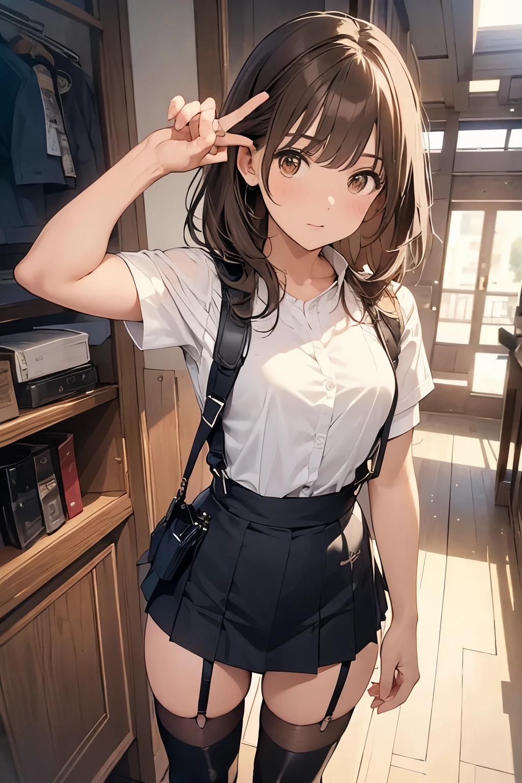 Brown Hair、Staring at the audience Black suspenders bulging big breasts wall: Black mini skirt garter sight Small face Bans holster Beautiful woman Show your hand レッグholster ベッドに横たわる sight Black boots panty shot Taunt side side汗 I arm