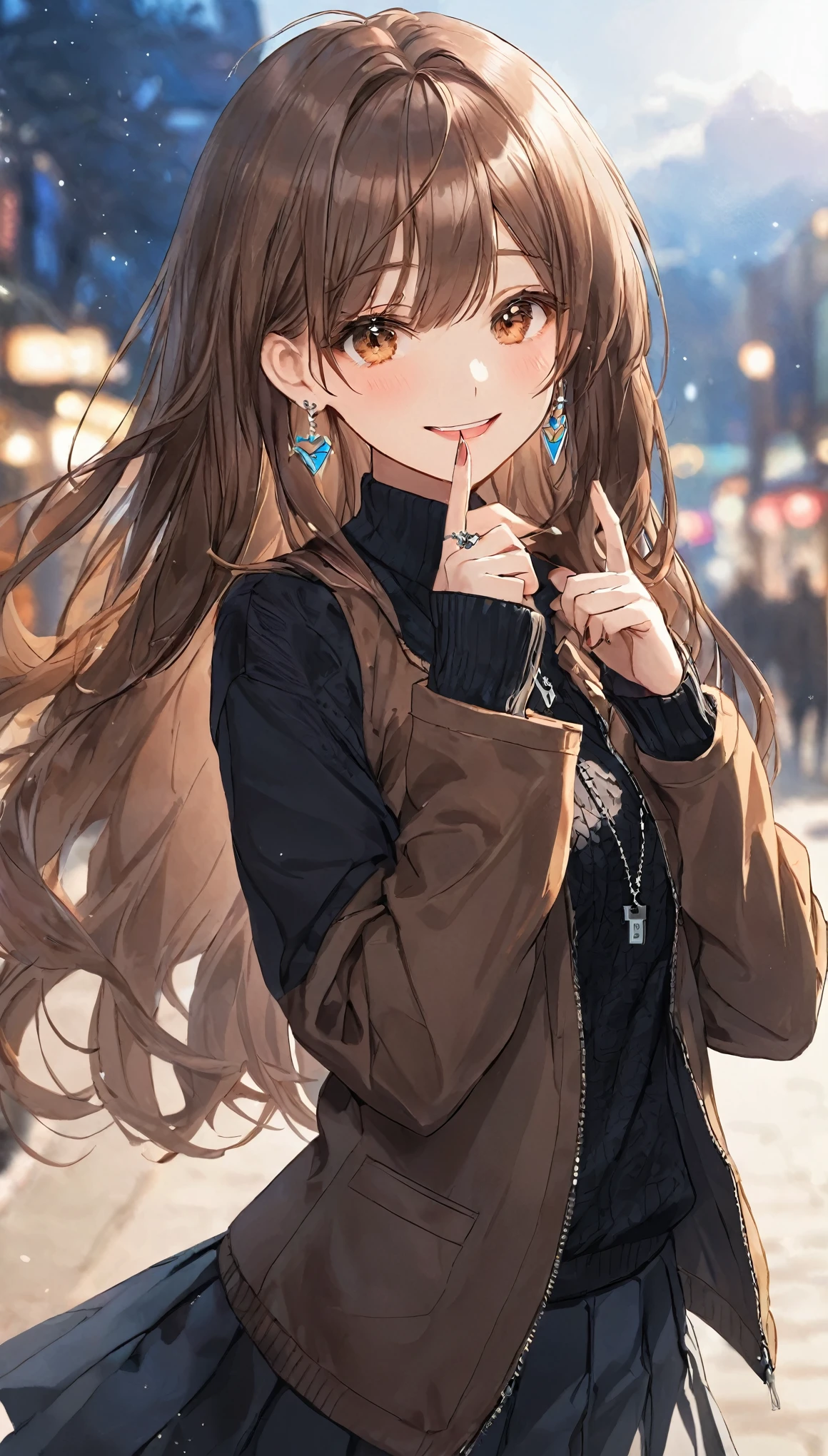 One girl, Ahoge, bangs, black skirt, black sweater, Blue Claws, Blurred, Blurred background, chest, Brown eyes, Brown Hair, brown Jacket, Mouth closed, Day付付き, Day, Depth of written boundary, Earrings, eyelash, Raise your hand, Tilt your head, Jacket, jewelry, Long Hair, Long sleeve, View Viewer, medium chest, Manicure, Open clothes, open Jacket, Outdoor, Pursed lips, Tucked in shirt, Side Lock, skirt, Sleeves are longer than the wrist, alone, sweater, Upper Body, zipper, smile, ((masterpiece)), 