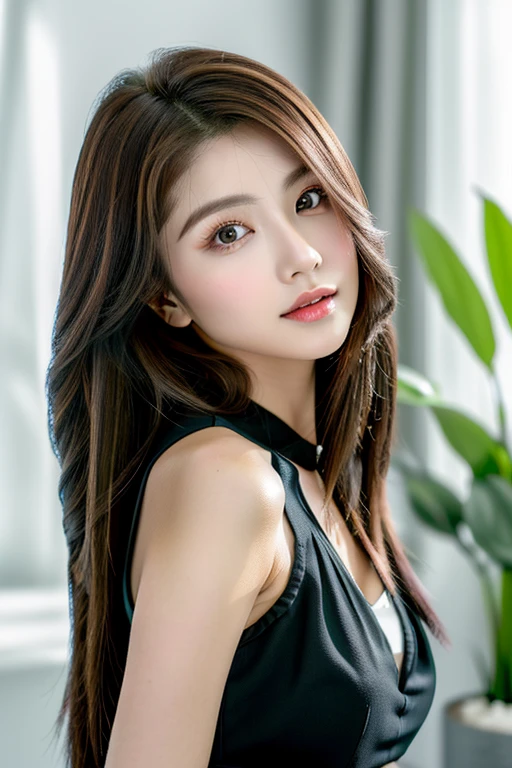 ((highest quality)), ((masterpiece)), (detailed), whole body、wallpaper、Attention to detail、Perfect Face、Perfect body、Perfect proportions、Narrow waist、Feminine body shape、Light brown hair、Beautiful Skin、Beautiful white skin、Half Russian and half Korean、アジアBeauty、Japanese 、(masterpiece:1.3), (8k, Photorealistic, Raw photo, Best image quality: 1.4), (Rough long hairstyle:1.2)、Cleavage:1.4、Beauty、Beauty、Wearing a black tank top、Wearing a black skirt