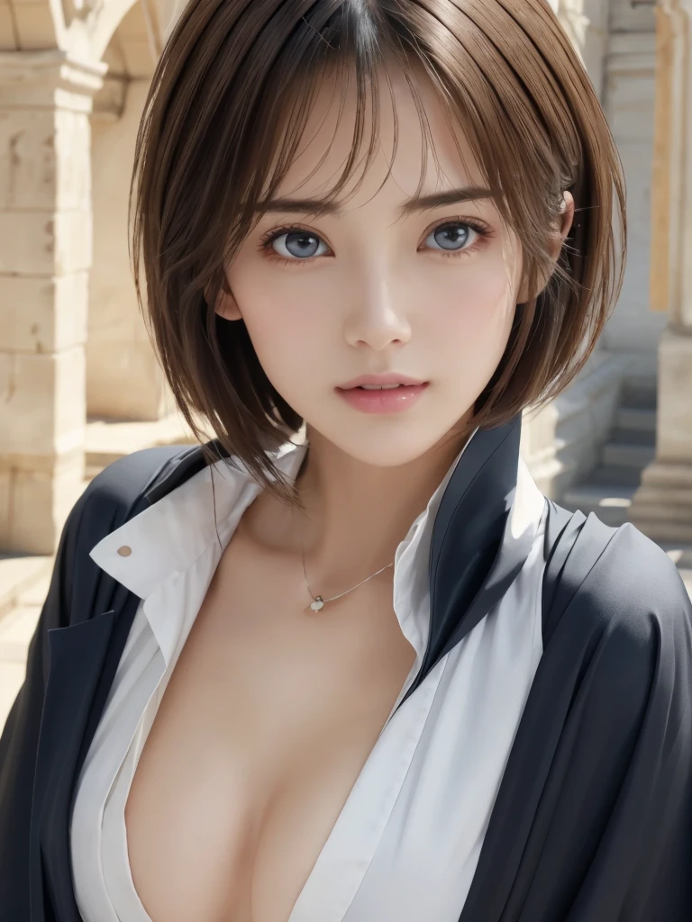 Reality、best quality、best quality、masterpiece、Ultra-high resolution、original photo、Practical、Bright Lights、face light、Smooth professional lighting、Looking at the camera、Solitary、Upper Body:1.6、Adult women、Beautiful woman、Super beautiful、Practical肌、Moisturize skin、Practical eyes and faces、Perfect model body、beautiful eyes、big eyes、Inconspicuous tear bags、Slim、Medium size breasts、No underwear、(Nipple protrusion will push up)、 (The shape of the nipple protrusions is uniform:1.3)、Jacket、Tops fit snugly、beautiful fingers、very short hair、Black Hair、Black eyes、seems happy、Cowboy shooting、(Both ears are hidden in the hair)、(((dark wizard)))、A world of dreams、Medieval European castles