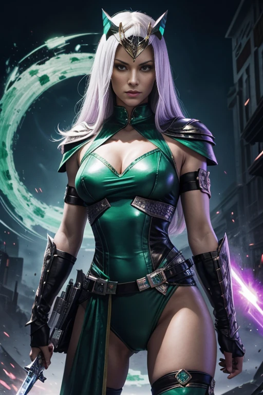 Attack of the killer queen, armed with a combat knife, command with power, emerald and sky blue ,female, sweet, three quarter wiew, digital art