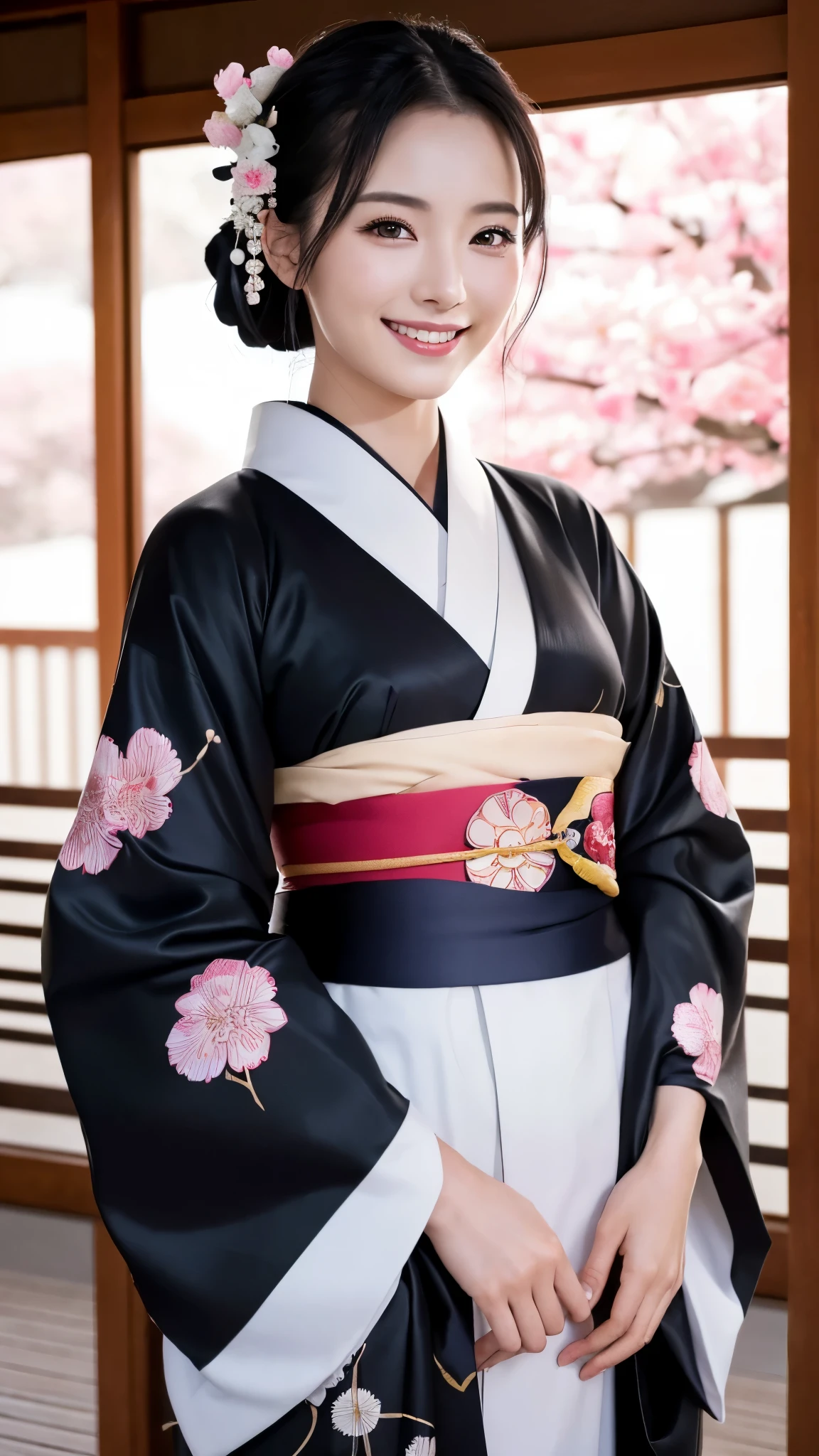 (Super beautiful woman in kimono)、((highest quality、8K masterpiece:1.3))、sharp focus:1.2、(super beautiful face:1.0)、(shiny skin:1.0)、realistic pictures、black hair、video lighting、High resolution eyes and face、video lighting、japanese actress、from the front、with a happy smile、whole body、wearing a kimono、in Kyoto、(luxury obi)