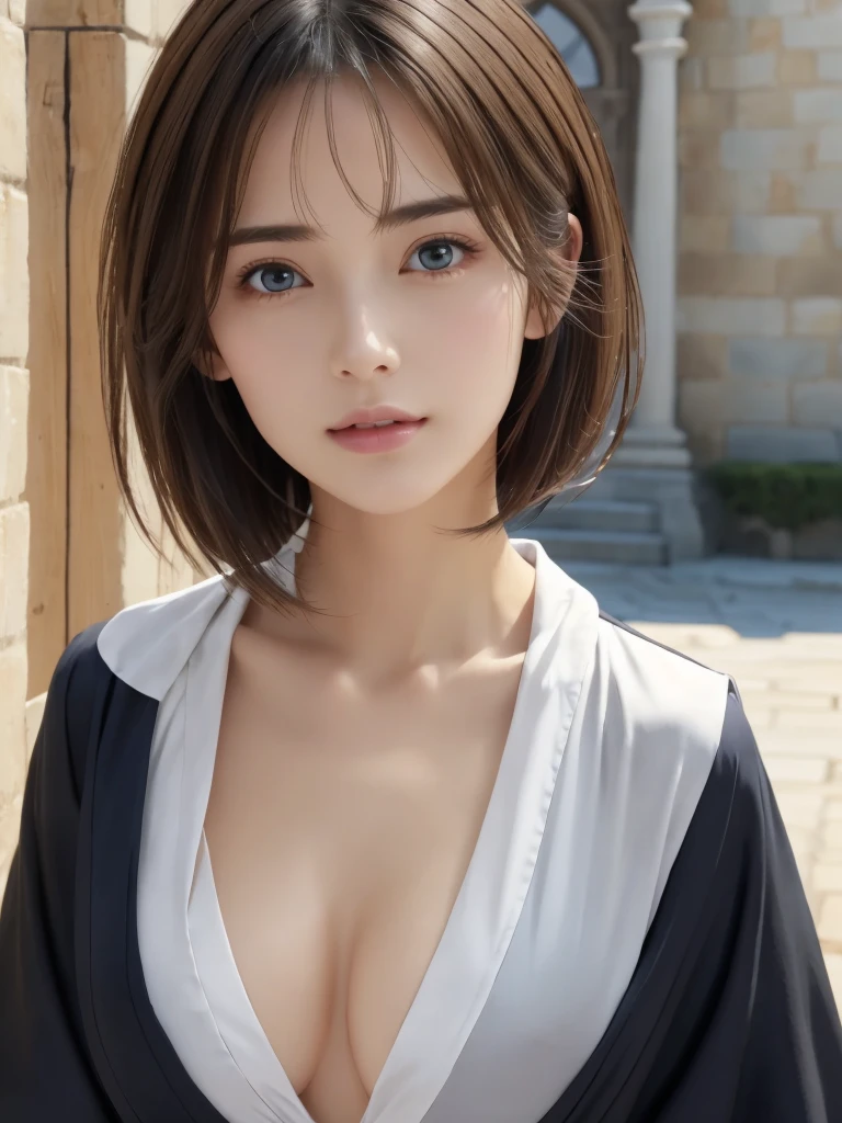 Reality、best quality、best quality、masterpiece、Ultra-high resolution、original photo、Practical、Bright Lights、face light、Smooth professional lighting、Looking at the camera、Solitary、Upper Body:1.6、Adult women、Beautiful woman、Super beautiful、Practical肌、Moisturize skin、Practical eyes and faces、Perfect model body、beautiful eyes、big eyes、Inconspicuous tear bags、Slim、Medium size breasts、No underwear、(Nipple protrusion will push up)、 (The shape of the nipple protrusions is uniform:1.3)、Jacket、Tops fit snugly、beautiful fingers、very short hair、Black Hair、Black eyes、seems happy、Cowboy shooting、(Both ears are hidden in the hair)、(((dark wizard)))、A world of dreams、Medieval European castles