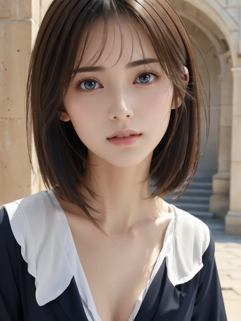 Reality、best quality、best quality、masterpiece、Ultra-high resolution、original photo、Practical、Bright Lights、face light、Smooth professional lighting、Looking at the camera、Solitary、Upper Body:1.6、Adult women、Beautiful woman、Super beautiful、Practical肌、Moisturize skin、Practical eyes and faces、Perfect model body、beautiful eyes、big eyes、Inconspicuous tear bags、Slim、Medium size breasts、No underwear、(Nipple protrusion will push up)、 (The shape of the nipple protrusions is uniform:1.3)、Jacket、Tops fit snugly、beautiful fingers、very short hair、Black Hair、Black eyes、seems happy、Cowboy shooting、(Both ears are hidden in the hair)、(((dark wizard)))、A world of dreams、Medieval European castles