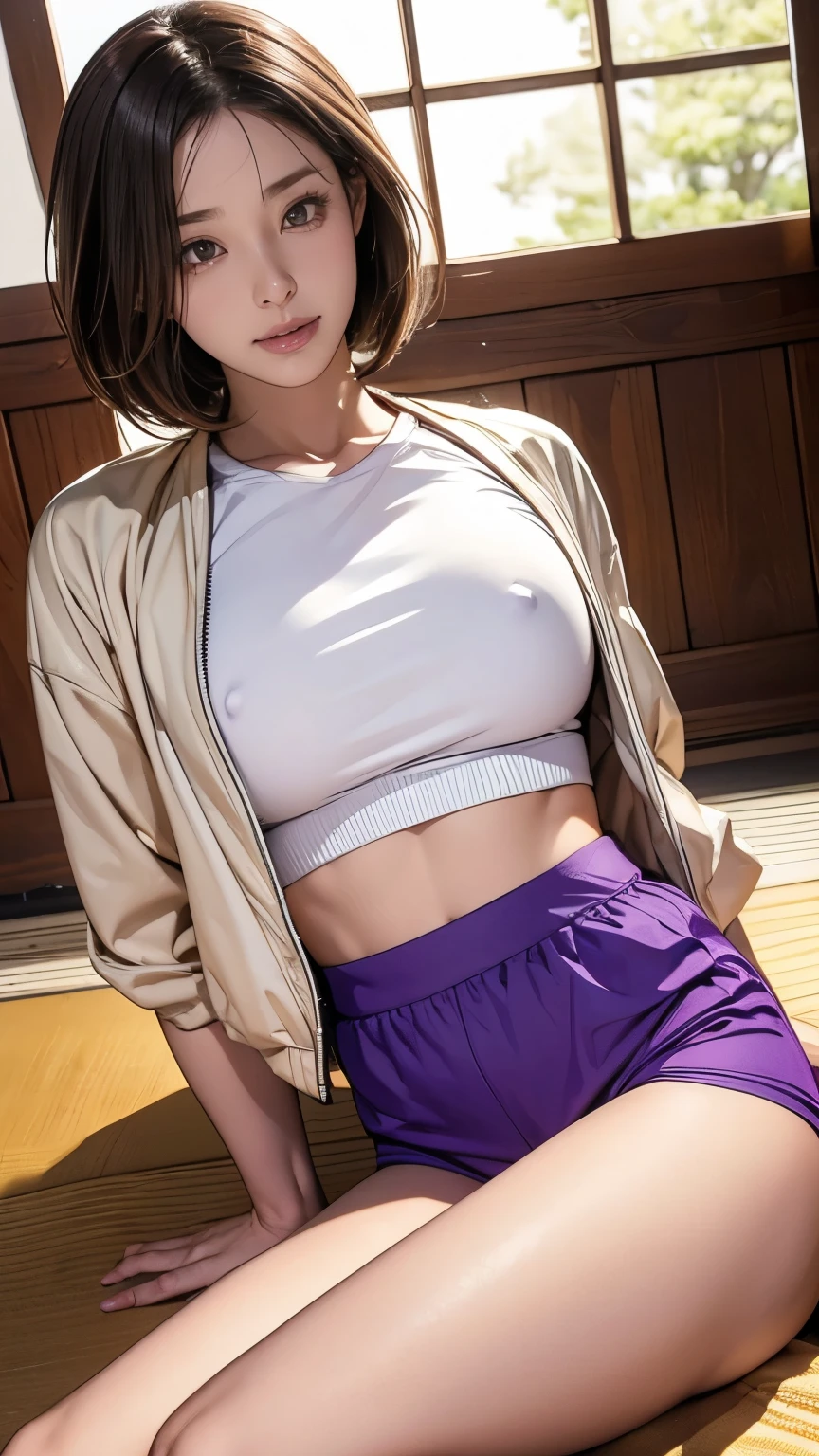 8k, RAW photos, best quality, masterpiece, Practical, Reality, (1 extreme beauty), 36 years old, The face is rich in detail, (Perfect Teeth), Delicate eyes, double eyelids, eyelash, Grin, Lip detail, Brown Hair Bob, Natural breasts, ((Sexy Japanese volleyball)), ((Purple Sexy Sports Shorts))Soft Light, ((Written border depth)) 、Shot in the back、all、Stick out your ass、legs spread、slim body、Inverted Nipple, High Jump Jacket,