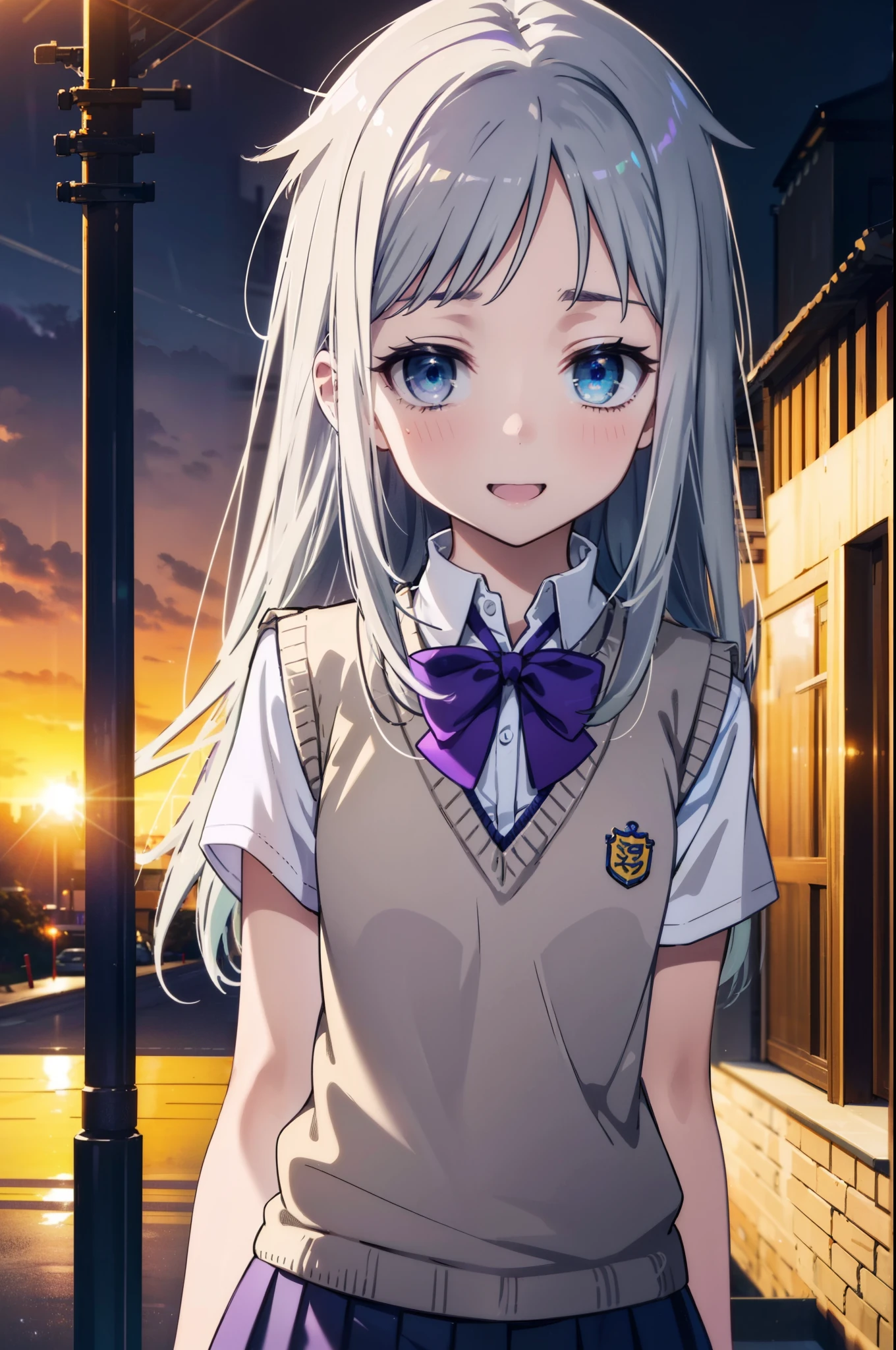 meikohonma, meiko honma, Long Hair, blue eyes, Grey Hair, smile,happy smile, smile, Open your mouth, 　　　　　　
break skirt, shirt, bow, ribbon, , white shirt, Short sleeve, Pleated skirt, collared shirt, mini skirt, bowtie, Black Loafers , Black Skirt, Black pantyhose, Brown loafers, green bow, Sweater vest, ( purple Sweater vest:1.5),sunset,evening,The sun is setting,whole bodyがイラストに入るように,Looking down from above,
break looking at viewer, whole body,
break outdoors ,In town,Building district,
break (masterpiece:1.2), highest quality, High resolution, unity 8k wallpaper, (shape:0.8), (Beautiful details:1.6), Highly detailed face, Perfect lighting, Extremely detailed CG, (Perfect hands, Perfect Anatomy),