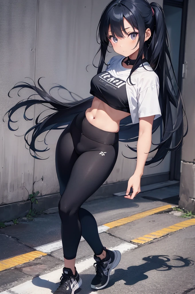 1 girl, hinata hyuga , female/girl/woman, feminine features, feminine body, great curves, great ass, good butt, nice butt figure, cute, hot, dark blue hair, beautiful dark blue hair, long dark blue hair, long hair, white eyes, beautiful eyes, beautiful white eyes, highly detailed eyes, detailed eyes, wearing(black flex leggings and cropped shirt), gym black flex leggings woman, matt black flex leggings, matt-black leggings, flex leggings, cropped shirt, ultrasharp, 4k picture, highly detailed, beautiful