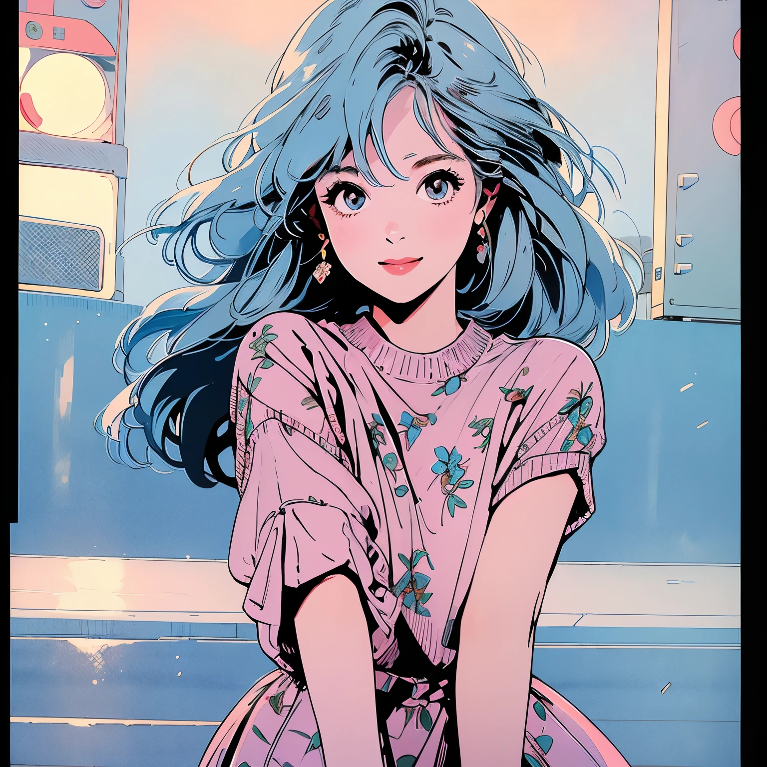 whole body、Upper Body、1 pretty woman、4k、White short-sleeved sweater、pedestrian crossing、Signal 、intersection、Complex background、Light blue hair、Detailed Hair、smile、Floral、Reaching out