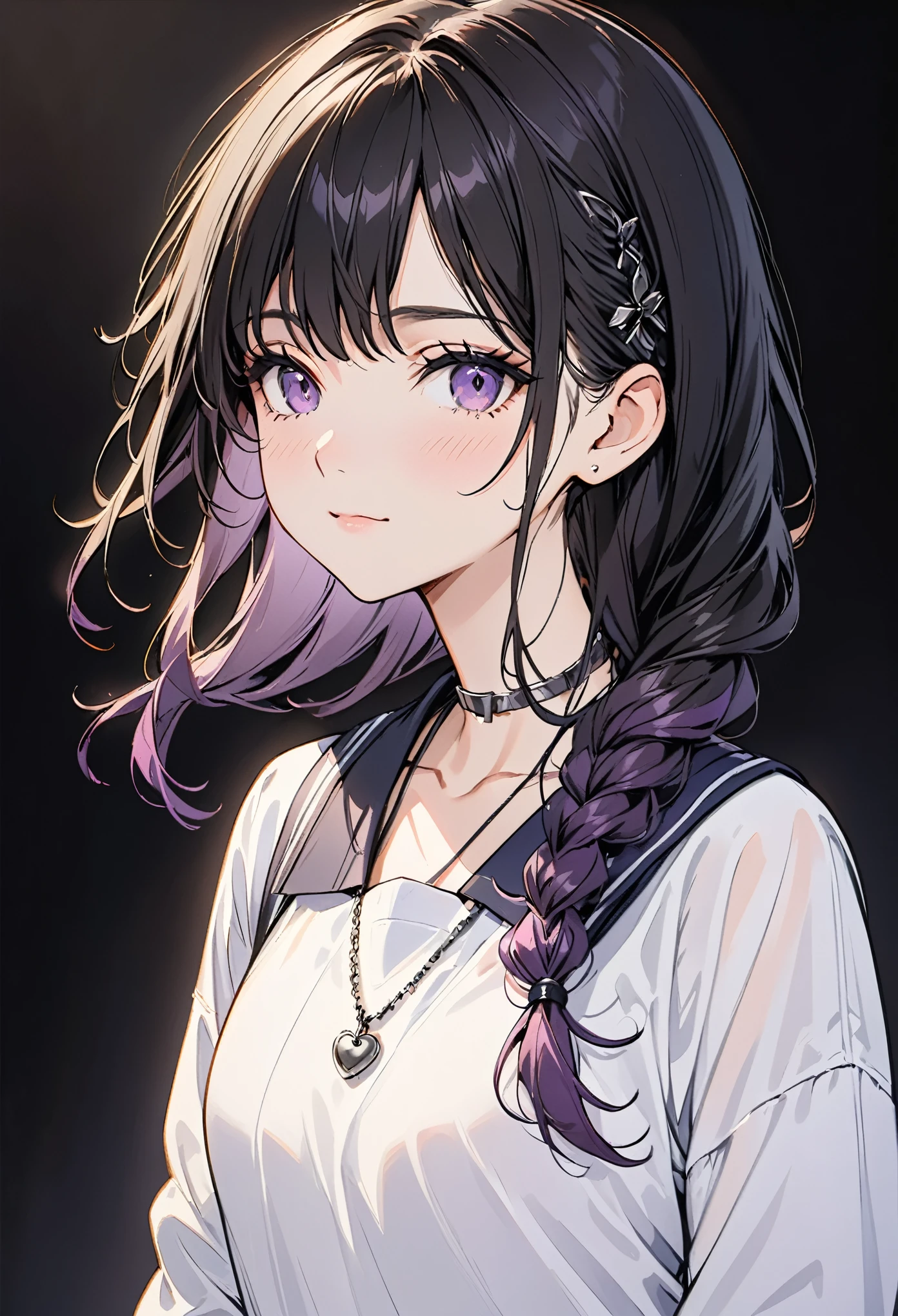 masterpiece,1 Girl,Solitary, A faint smile, Metal necklace, White shirt, Modern school uniform, Accessories, Purple and black two-tone hair, Unique hairstyle, fashionable, black background