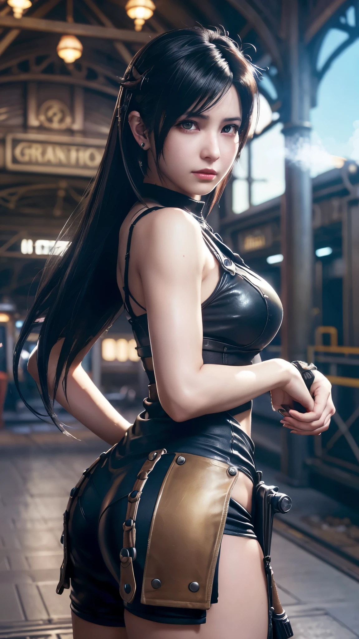 Tifa Lockhart, mksks style, (Highly detailed background:1.0), (Highly detailed background:1.0), Final Fantasy VII Remake, (Red eyes), One girl, Black Hair, (Tifa Lockhart style:1.4), (Train station:1.5), (Steam punk:1.3)