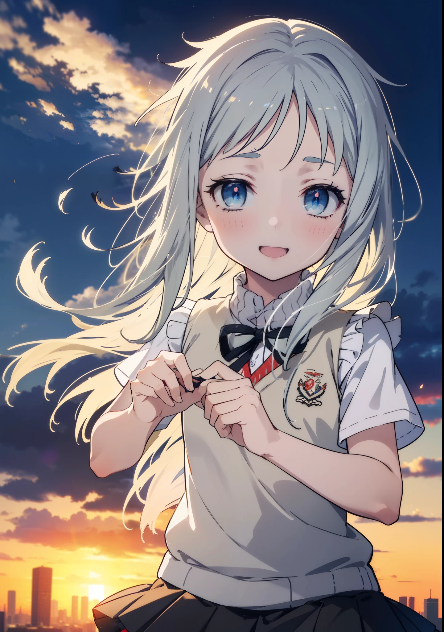 meikohonma, meiko honma, Long Hair, blue eyes, Grey Hair, smile,,happy smile, smile, Open your mouth,
white yシャツ, Short sleeve, Pleated skirt, socks, Collared shirt, mini skirt, Black Pantyhose, (Black Skirt:1.5), Sweater vest, (red Sweater vest:1.5),Brown Loafers,The sun is setting,evening,Sunset,walk，whole bodyがイラストに入るように,
break outdoors, city,
break looking at viewer, whole body,
break (masterpiece:1.2), highest quality, High resolution, unity 8k wallpaper, (shape:0.8), (Beautiful details:1.6), Highly detailed face, Perfect lighting, Extremely detailed CG, (Perfect hands, Perfect Anatomy),