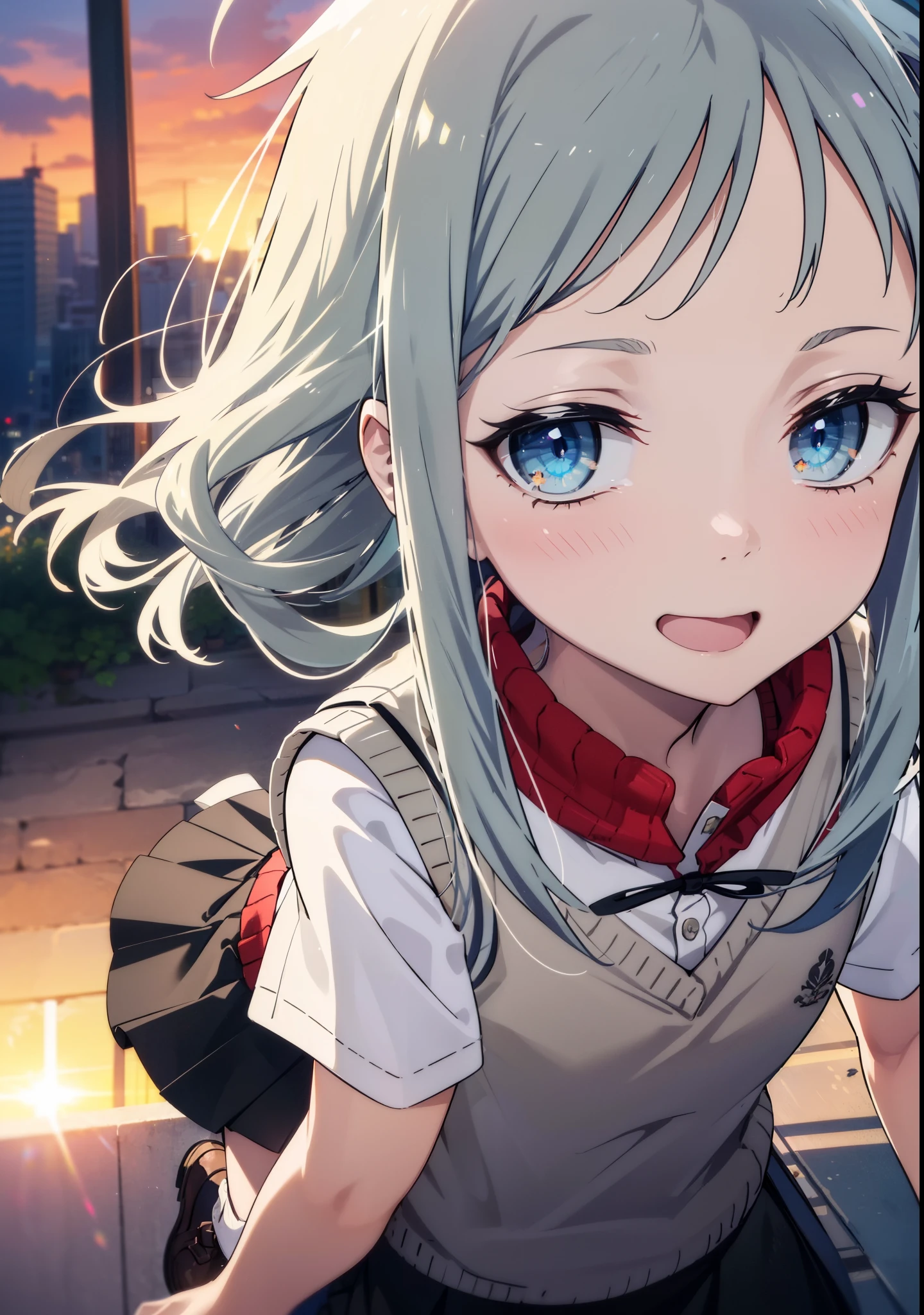 meikohonma, meiko honma, Long Hair, blue eyes, Grey Hair, smile,,happy smile, smile, Open your mouth,
white yシャツ, Short sleeve, Pleated skirt, socks, Collared shirt, mini skirt, Black Pantyhose, (Black Skirt:1.5), Sweater vest, (red Sweater vest:1.5),Brown Loafers,The sun is setting,evening,Sunset,walk，whole bodyがイラストに入るように,
break outdoors, city,
break looking at viewer, whole body,
break (masterpiece:1.2), highest quality, High resolution, unity 8k wallpaper, (shape:0.8), (Beautiful details:1.6), Highly detailed face, Perfect lighting, Extremely detailed CG, (Perfect hands, Perfect Anatomy),