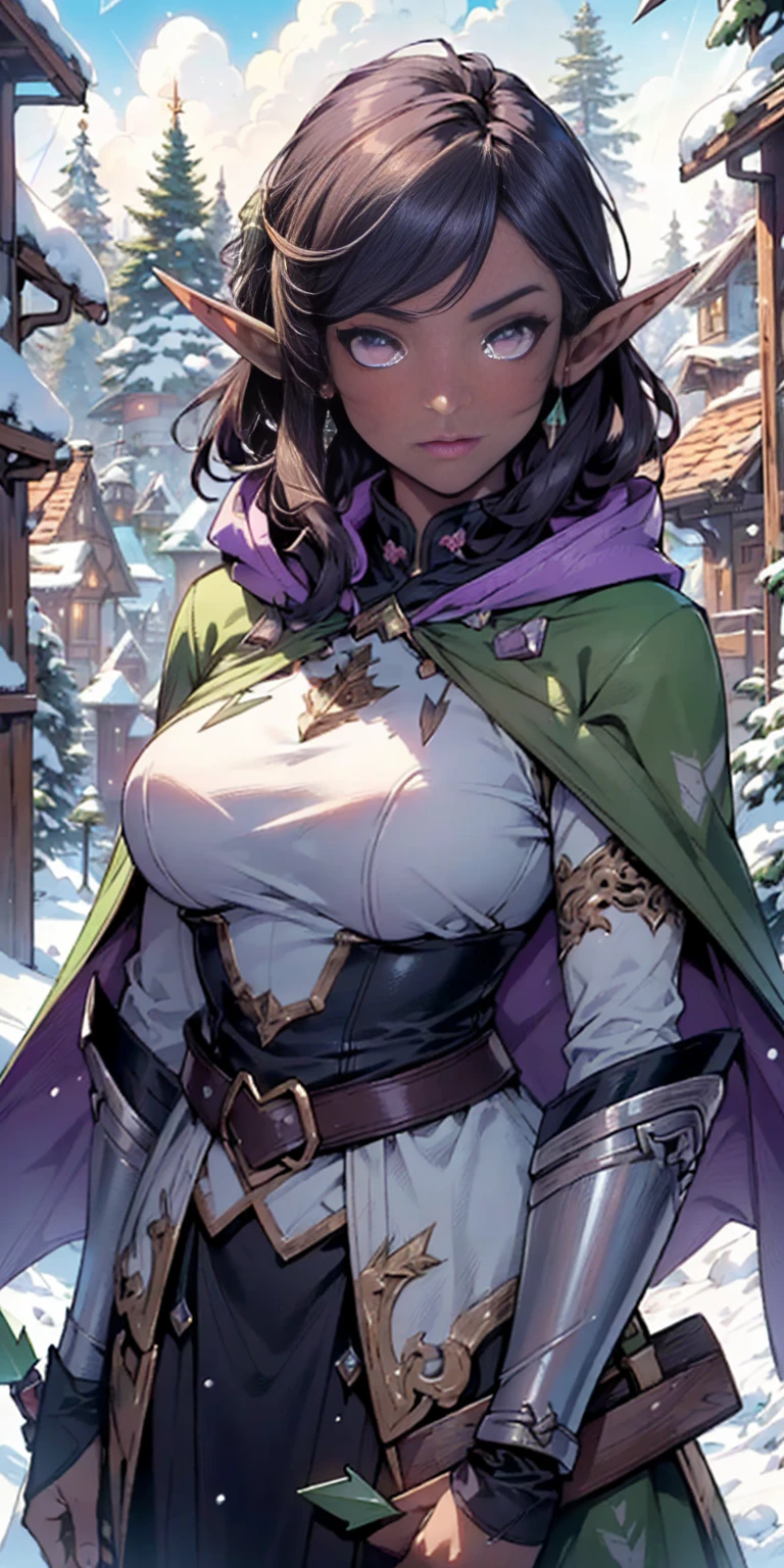 dark elf female, woman:1.5,1 woman, elf_female, dark elf
(female,muscle,1girl, pectoral, woman chest, muscular), 25 year old woman, young ((1female,1 female,1woman, woman, female gender:1.5, beautiful woman, female focus)) (((elf))) (((elf ears)))
dark elf, pointed ears, (((purple_eyes:1.3))),intricate eyes, beautiful detailed eyes, symmetrical eyes (((dark skin:1.5))),white hair,(((lustrous skin:1.5,bright skin: 1.5,skin tanned, shiny skin, very shiny skin, shiny body, plastic glitter skin, exaggerated shiny skin, illuminated skin)))
young beautiful female, perfect body, perfect face,((detailed face))
expressive eyes,serious face,
(ultra-detailed:1.3),beautiful detailed glow,finely detailed,ultra-detailed,
(light armor, greatcoat, layered clothing, archer, ranger,(purple cape with hood:1.2,purple_cape,hood)),((intricate outfit,intricate clothes)),((quiver with arrows:1.5,arrow quiver:1.5)),
(dynamic pose:1.0),mockingserious attitude,(centered,scale to fit dimensions,Rule of thirds),
((snowy pine forest at night)),with dark stormy clouds,winter,scenery:1.25,((snow forest background)),Christmas tree,
highres,sharp focus,(ultra detailed,extremely detailed),(photorealistic artwork:1.37),(extremely detailed CG unity 8k wallpaper),(((vibrant colors,vibrant theme))),(intricate),(masterpiece),(best quality),