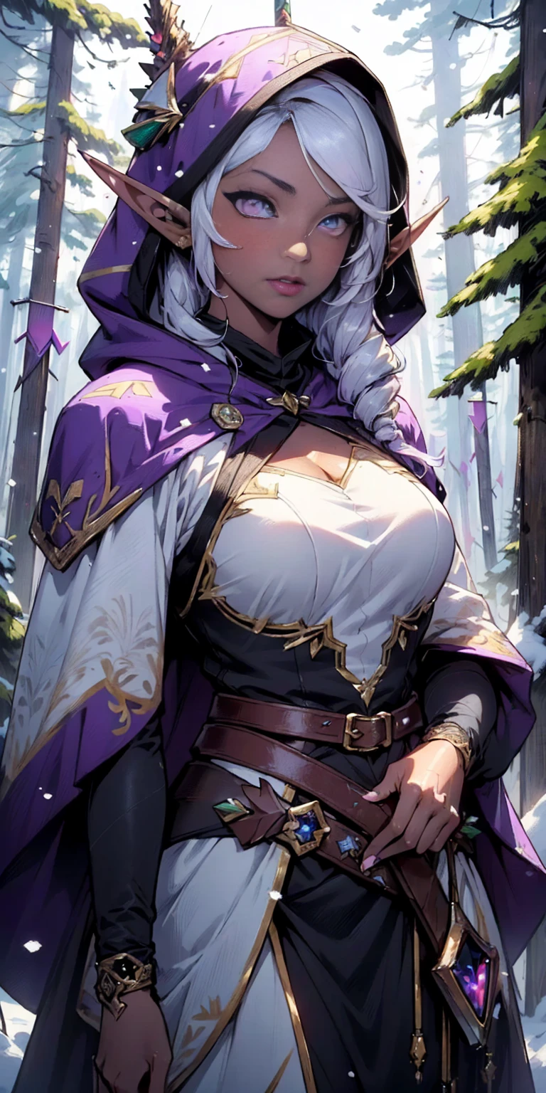 dark elf female, woman:1.5,1 woman, elf_female, dark elf
(female,muscle,1girl, pectoral, woman chest, muscular), 25 year old woman, young ((1female,1 female,1woman, woman, female gender:1.5, beautiful woman, female focus)) (((elf))) (((elf ears)))
dark elf, pointed ears, (((purple_eyes:1.3))),intricate eyes, beautiful detailed eyes, symmetrical eyes (((dark skin:1.5))),white hair,(((lustrous skin:1.5,bright skin: 1.5,skin tanned, shiny skin, very shiny skin, shiny body, plastic glitter skin, exaggerated shiny skin, illuminated skin)))
young beautiful female, perfect body, perfect face,((detailed face))
expressive eyes,serious face,
(ultra-detailed:1.3),beautiful detailed glow,finely detailed,ultra-detailed,
(light armor, greatcoat, layered clothing, archer, ranger,(purple cape with hood:1.2,purple_cape,hood)),((intricate outfit,intricate clothes)),((quiver with arrows:1.5,arrow quiver:1.5)),
(dynamic pose:1.0),mockingserious attitude,(centered,scale to fit dimensions,Rule of thirds),
((snowy pine forest at night)),with dark stormy clouds,winter,scenery:1.25,((snow forest background)),Christmas tree,
highres,sharp focus,(ultra detailed,extremely detailed),(photorealistic artwork:1.37),(extremely detailed CG unity 8k wallpaper),(((vibrant colors,vibrant theme))),(intricate),(masterpiece),(best quality),
