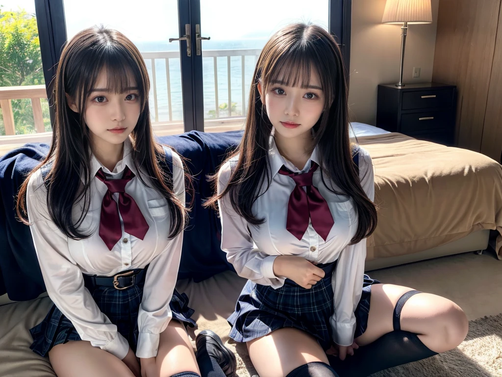 (8K, Raw photography, top-quality, masterpiece:1.2), master piece, best quality, illustration, Super detailed, fine details, High resolution, 8K,wall paper, perfect dynamic composition,(Details High quality, realistic depiction of eyes:1.3), ((2 girls, 2 schoolgirls)), The background is a luxury hotel room、High school girl uniform、blazer 、Super Short Check Uniform Skirt、Navy blue high socks、garterbelts、Colossal tits、Disturbed uniform, Play with each other,Touching each other's bodies,Touching the body of the girl next door, short bob hair, black hair color, huge breasts, Big Natural Color Lip, bold sexy pose, (perfect body shape), crying a little、cold gaze, Beautiful makeup,glitter makeup,Cutest 18 years old, beautiful legs, hposing Gravure Idol, Voluptuous thighs