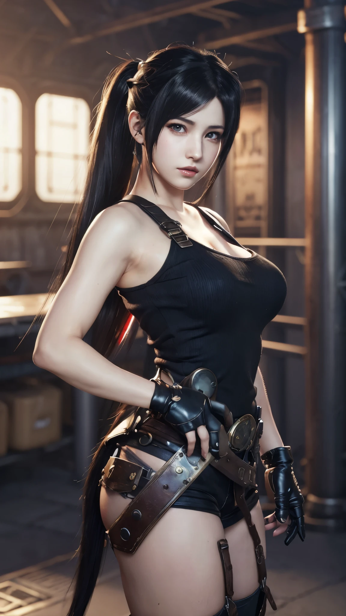 Tifa Lockhart, mksks style, (Highly detailed background:1.0), (Highly detailed background:1.0), Final Fantasy VII Remake, (Red eyes), One girl, Black Hair, (Tifa Lockhart style:1.4), (Steam punk:1.3)