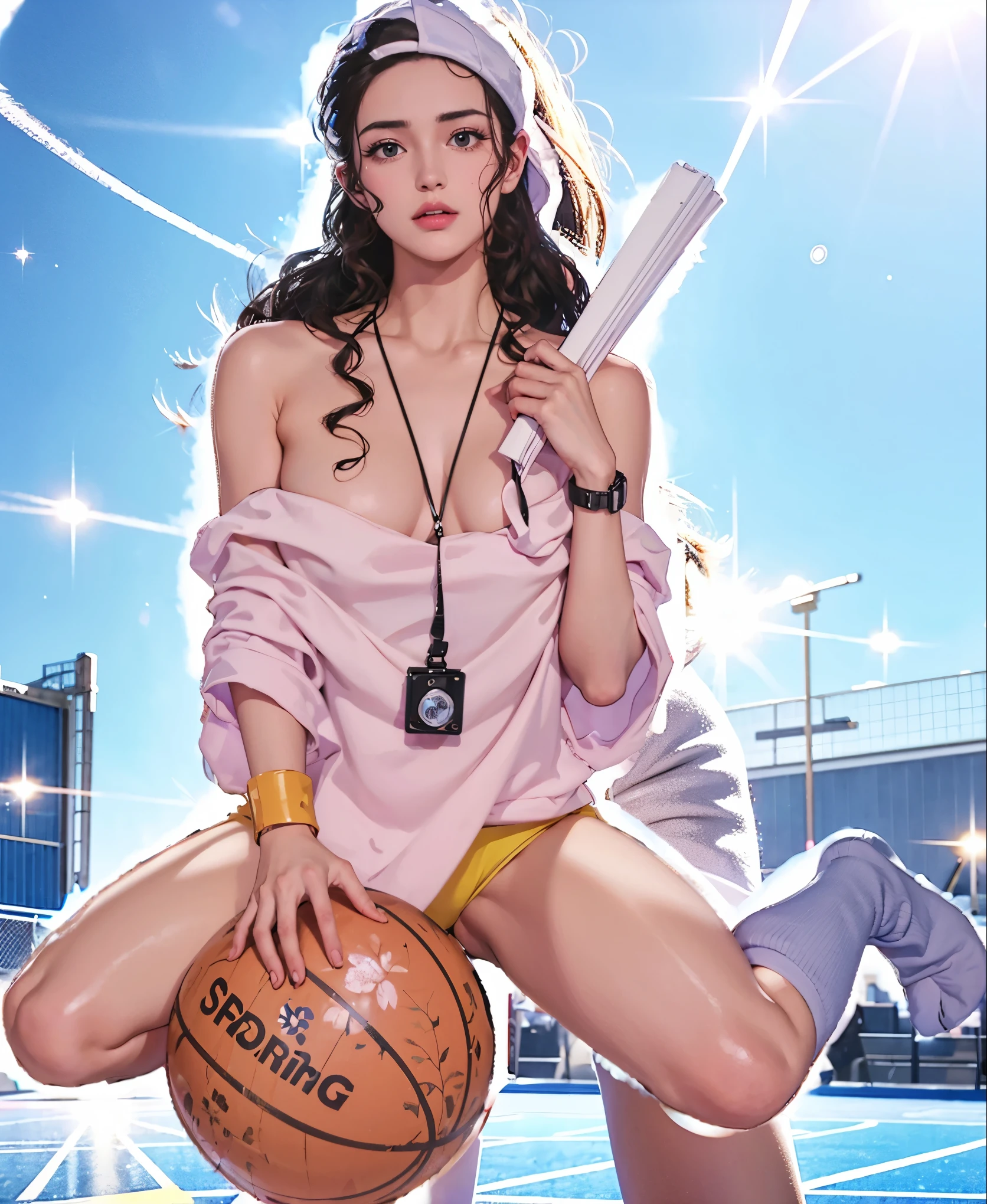 The background changes to an open-air basketball court，Ray Tracing，
reflection light, sparkle, high quality, award winning

