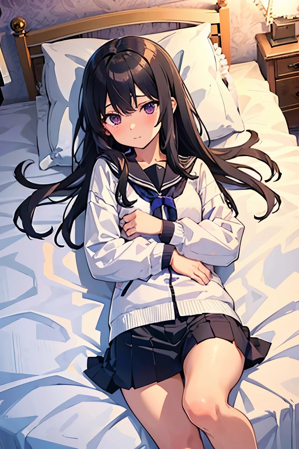 , 8 years old　Flat chest, r, long hair, purple eyes　Embarrassed look　（one person）　White sailor suit　Lower body dark blue mini skirt　White panties（（I can see her panties）） White socks　Love hotel room　Lying in bed　 Dynamic Angle 