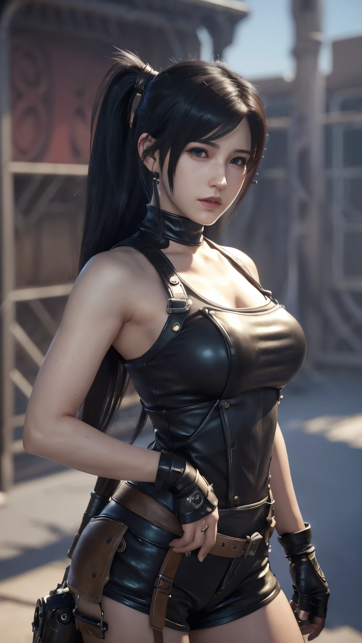 Tifa Lockhart, mksks style, (Highly detailed background:1.0), (Highly detailed background:1.0), Final Fantasy VII Remake, (Red eyes), One girl, Black Hair, (Tifa Lockhart style:1.4), (Steam punk:1.3)
