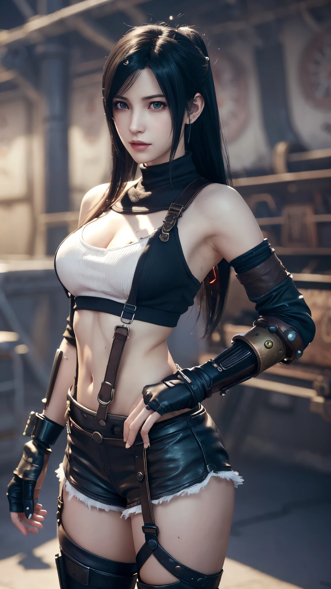Tifa Lockhart, mksks style, (Highly detailed background:1.0), (Highly detailed background:1.0), Final Fantasy VII Remake, (Red eyes), One girl, Black Hair, (Tifa Lockhart style:1.4), (Steam punk:1.3)