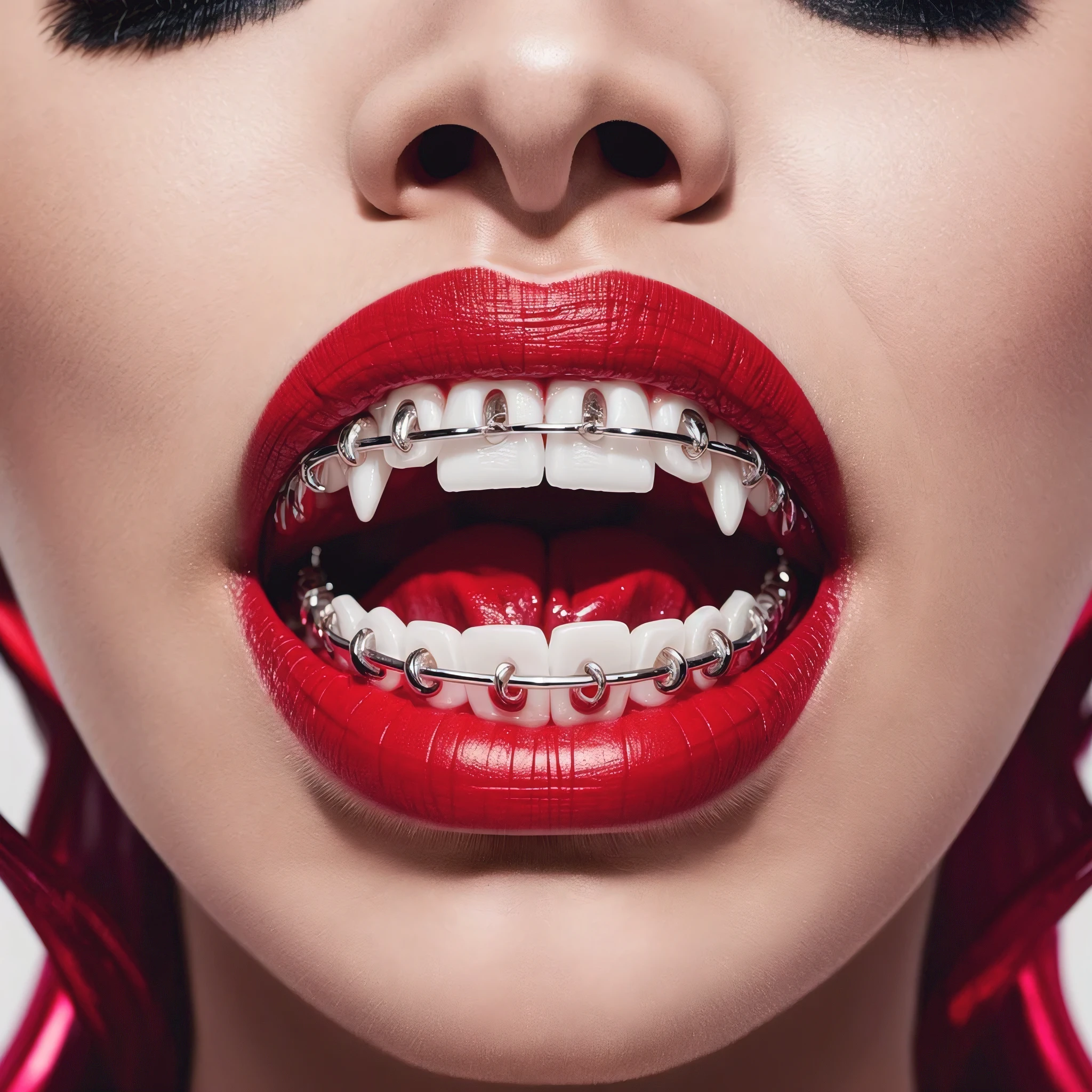 A stunning close-up studio macro photography of a model's lips, showcasing vampire fangs extending from shiny silver braces. The red lipstick is vivid and contrasts beautifully with the pale complexion. The background is simple and minimal, allowing the intricate details of the teeth and lips to take center stage. The overall effect is a captivating and eerie allure.