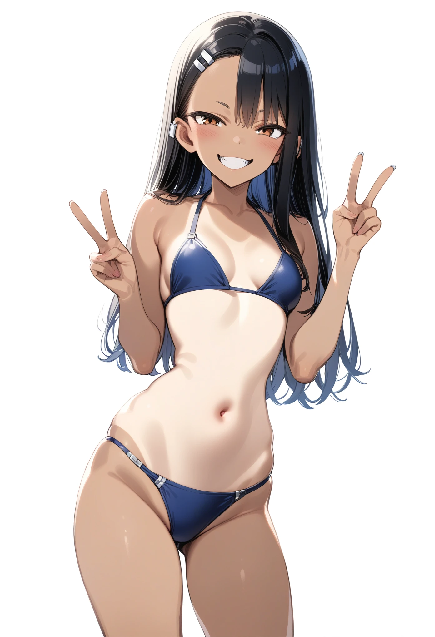 High Quality, Masterpiece, 1girl, solo, nagatoro, slim body, dark skin, hairclip, bikini, thigh, single v, seductive smile, grin, thighight